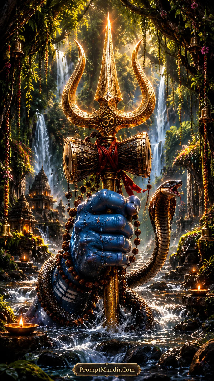 Golden Shiva Trishul with serpent in lush forest temple beside flowing waterfalls