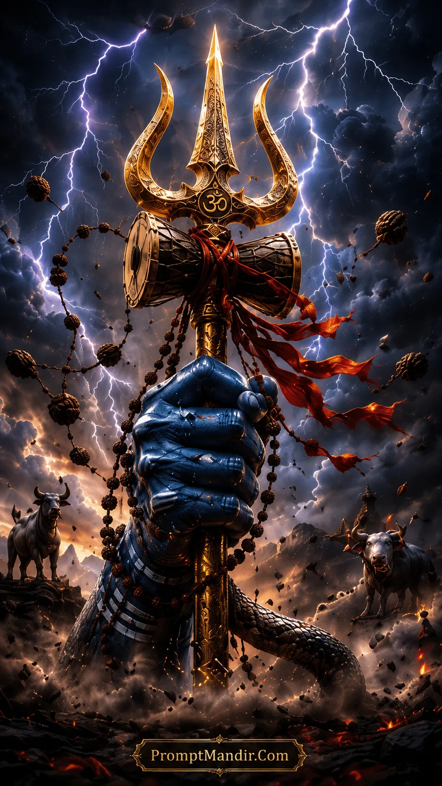 Lord Shiva Trishul with Damru beneath lightning filled storm sky and sacred serpent