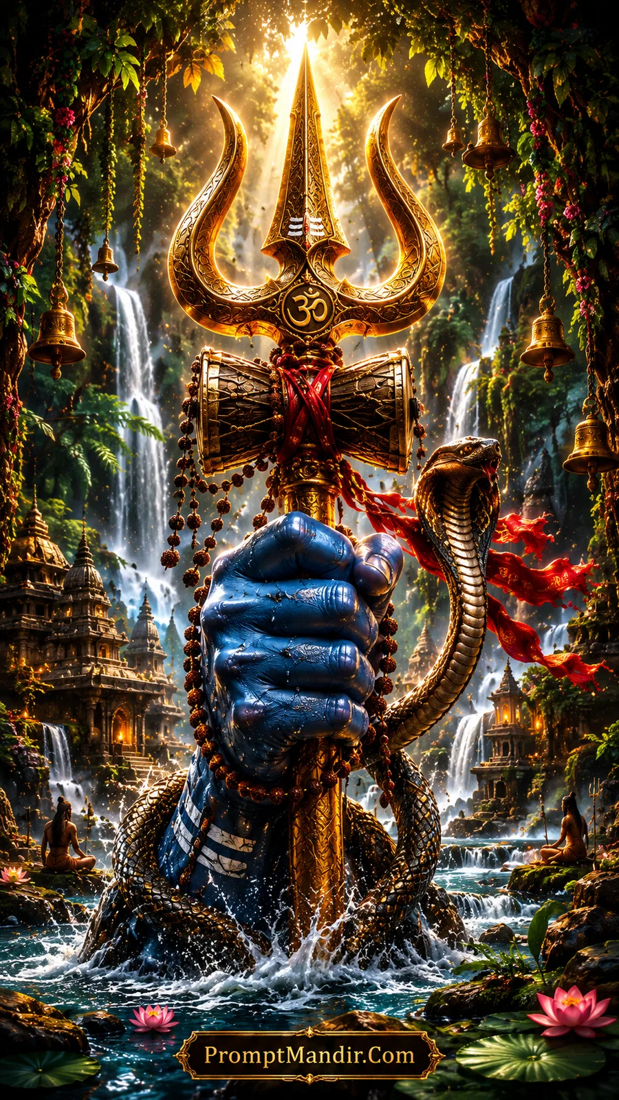 Golden Lord Shiva Trishul with Damru, serpent, waterfalls, lotus flowers and forest temples