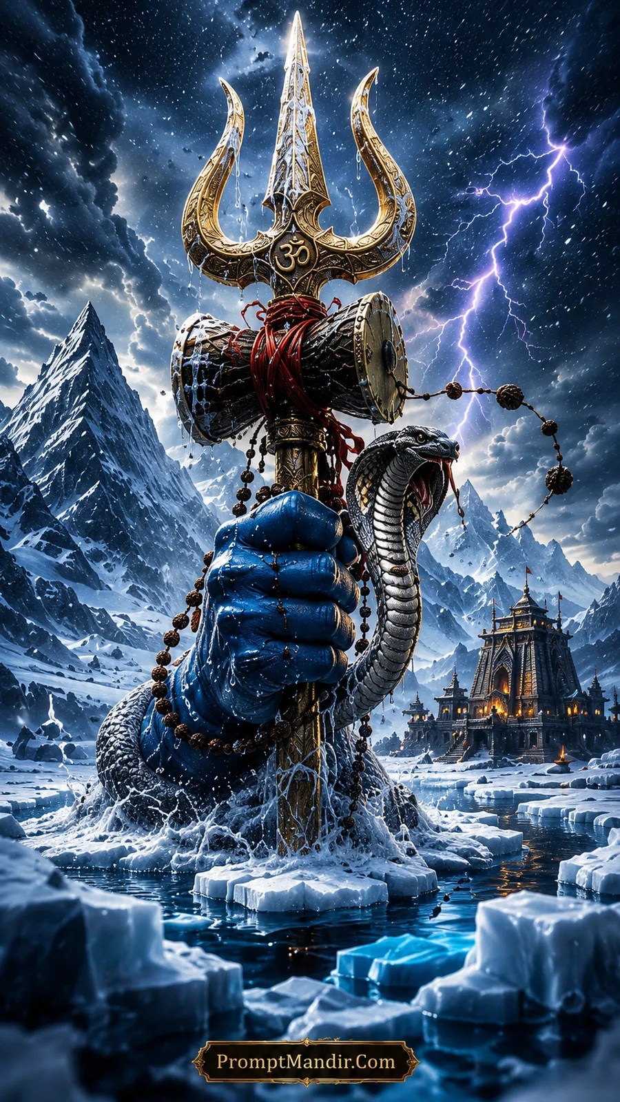 Lord Shiva Trishul rising from icy waters with serpent, snowy mountains and temple