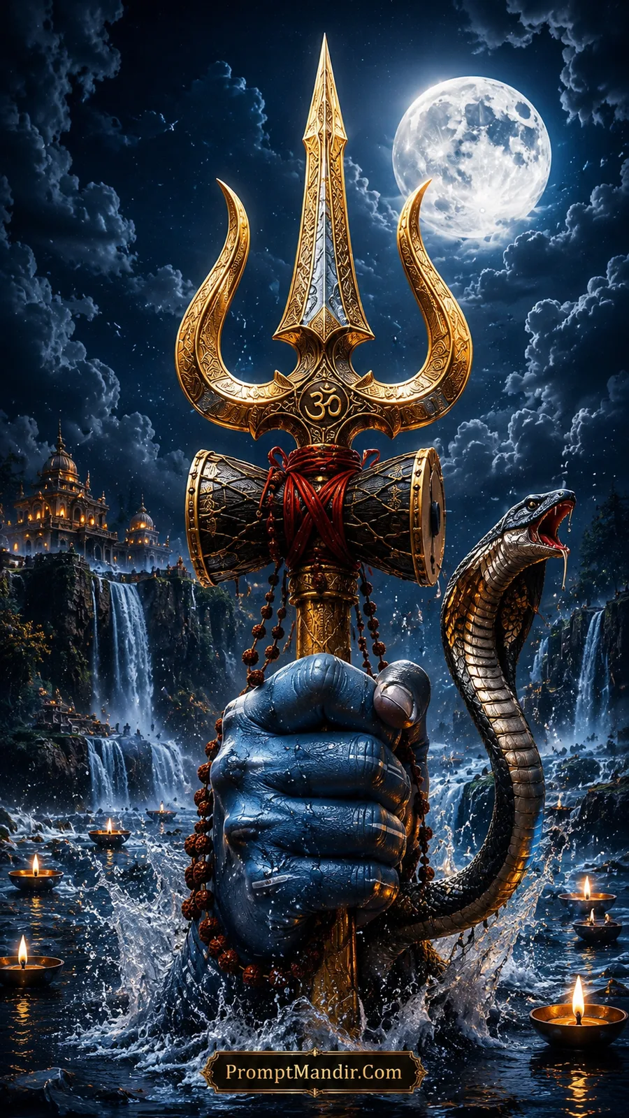 Sacred Shiva Trishul beneath full moon with serpent, waterfalls and glowing temple lights