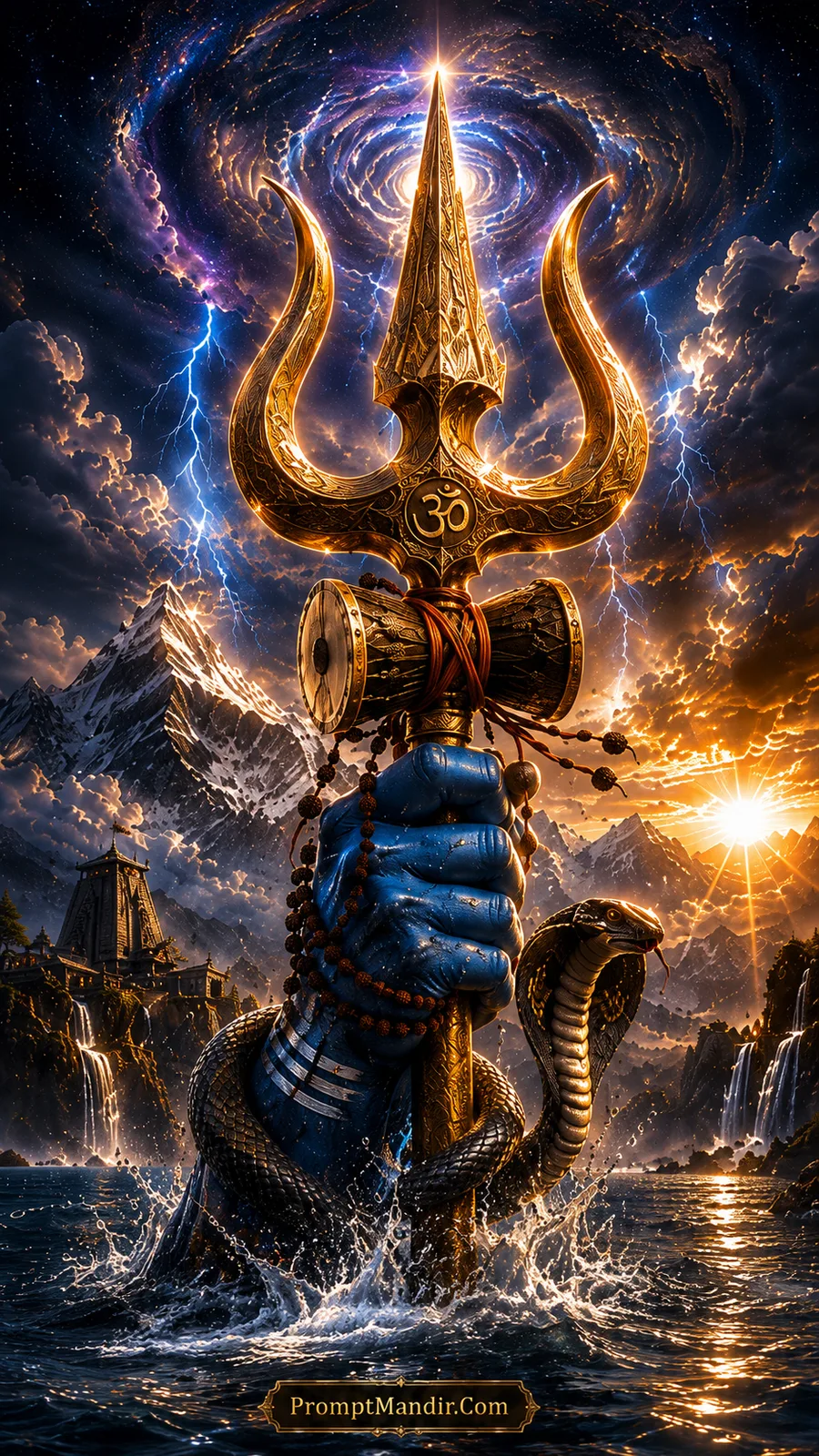 Golden Shiva Trishul with cosmic spiral sky, serpent, mountains and sacred waterfalls