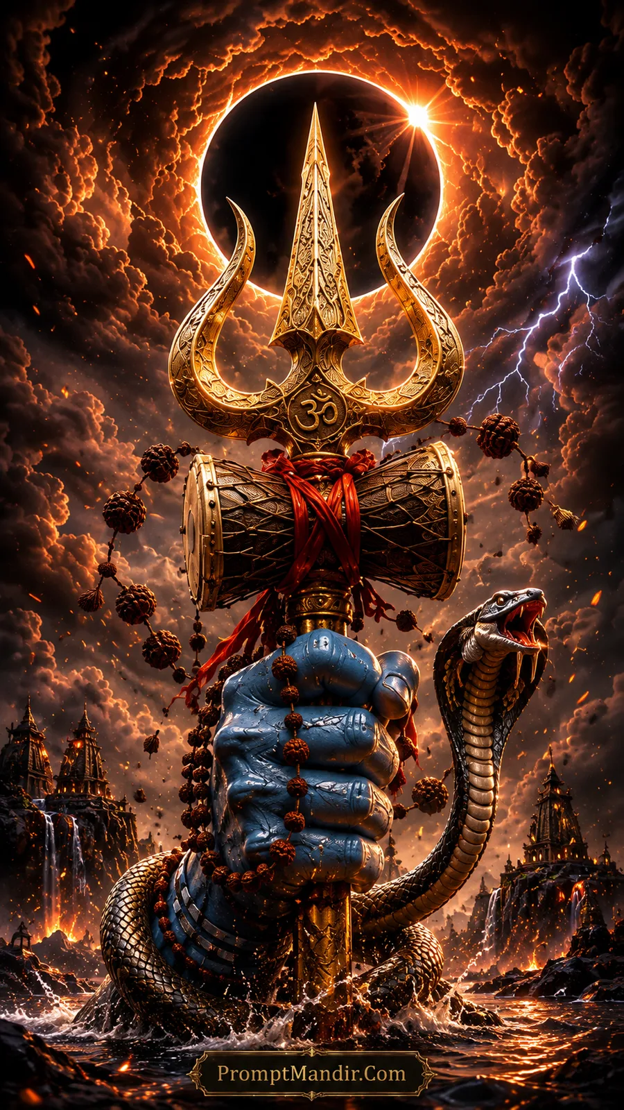 Golden Shiva Trishul beneath solar eclipse with sacred serpent and ancient temple landscape