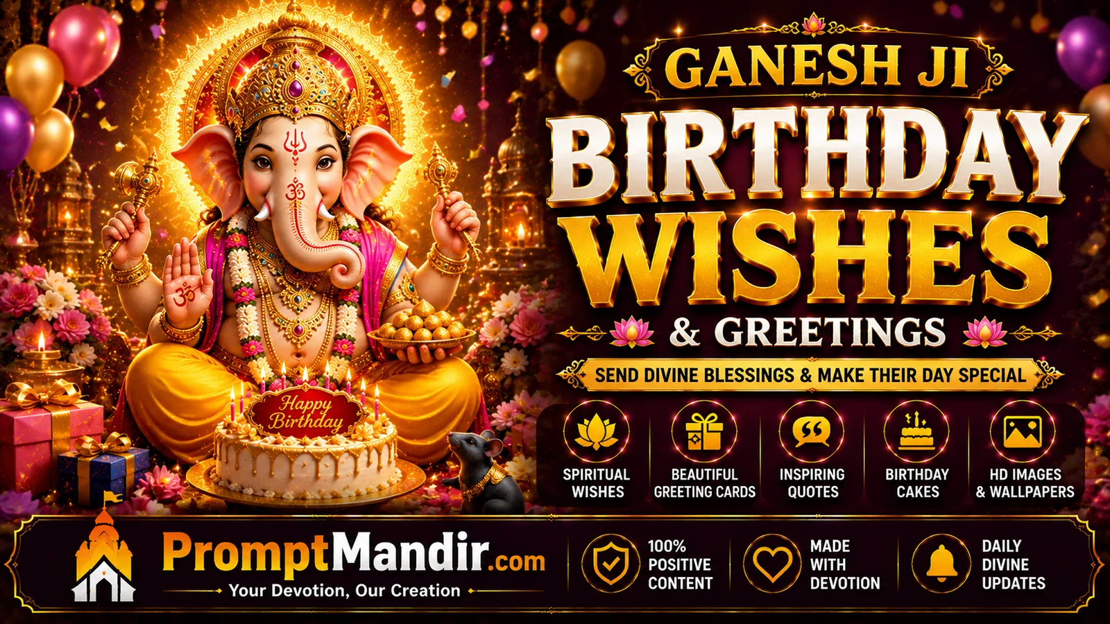 Ganesh Ji birthday wishes wallpaper with divine blessings, cake and spiritual greetings