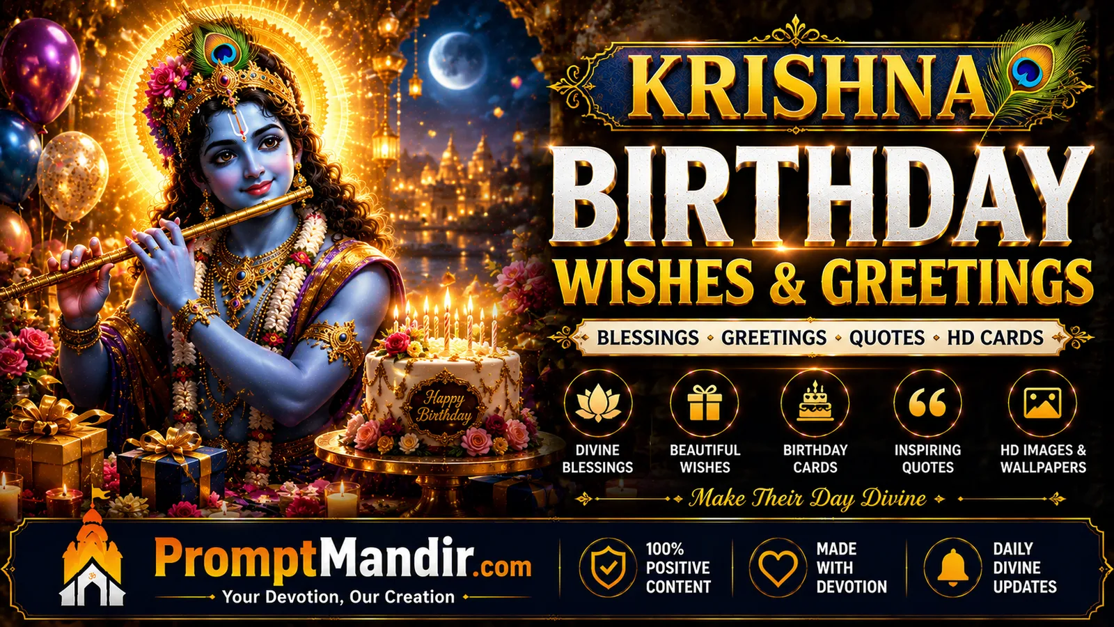 Krishna birthday wishes wallpaper with Lord Krishna, birthday cake and divine greetings