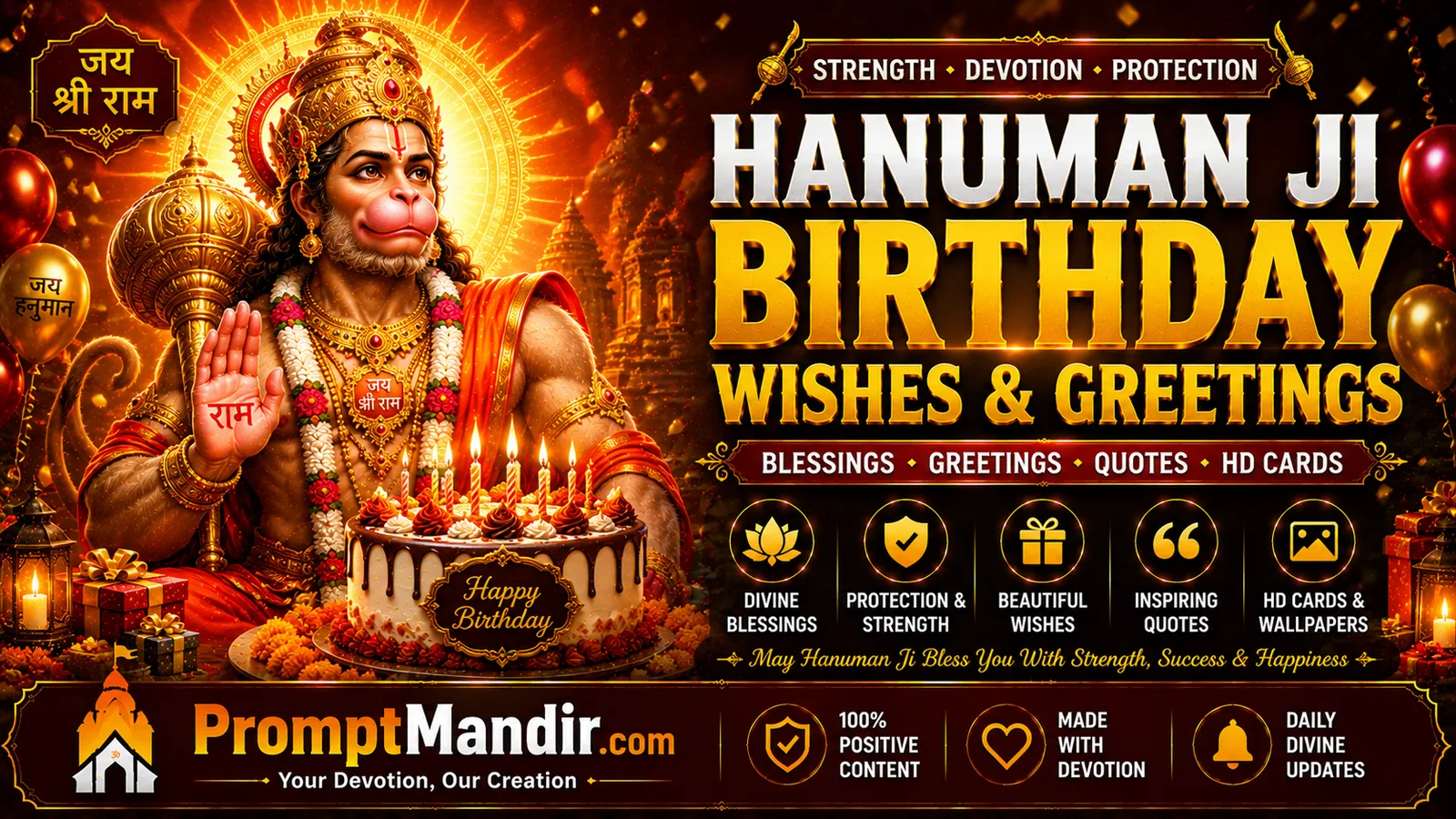 Hanuman Ji birthday wishes wallpaper with Bajrangbali blessings and celebration theme