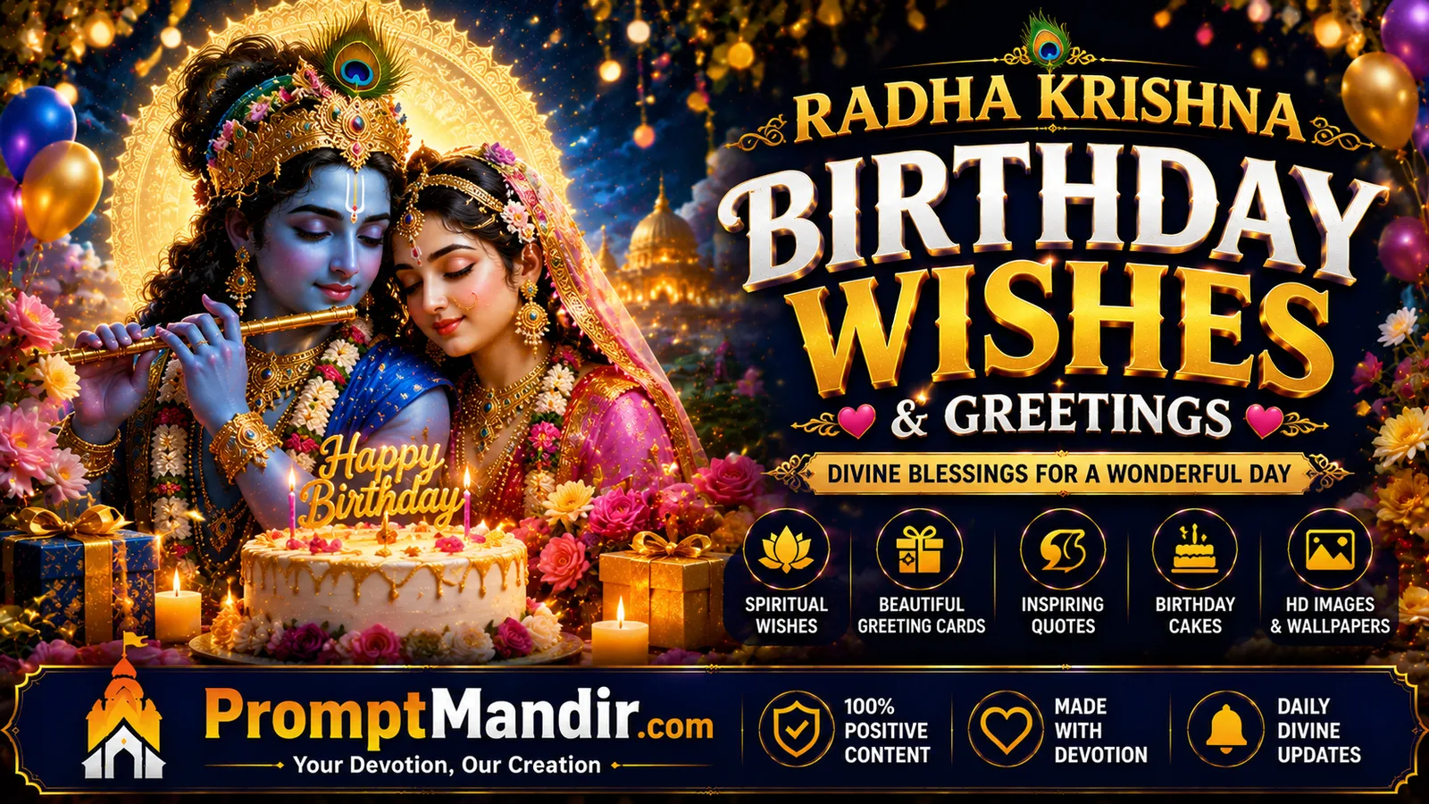 Radha Krishna birthday wishes wallpaper with divine love, cake and spiritual greetings