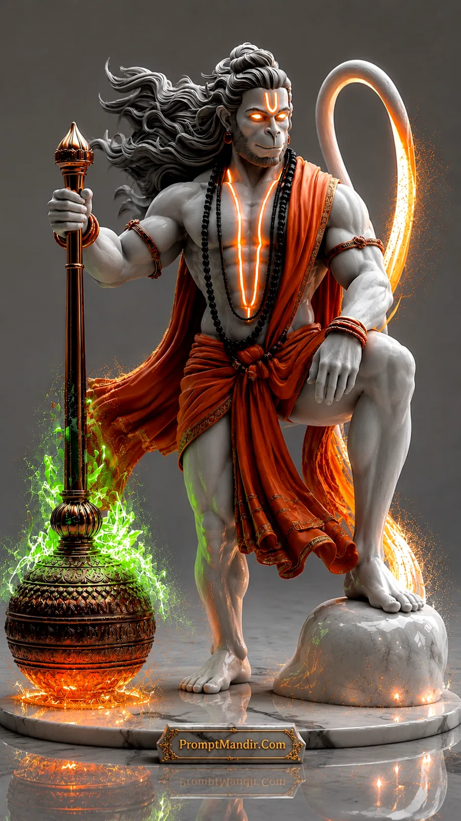 Lord Hanuman resting beside ornate gada with glowing orange aura and flowing hair