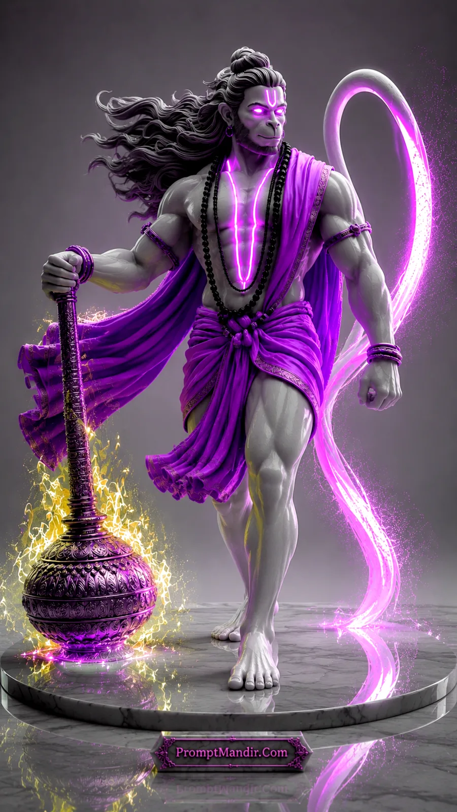 Lord Hanuman walking confidently with glowing purple aura and ornate divine gada beside him