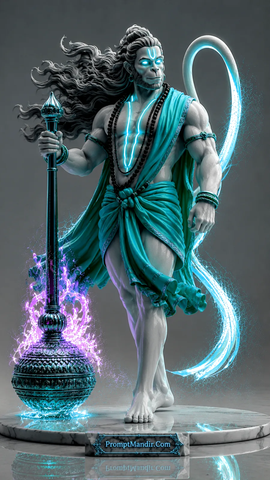 Lord Hanuman holding ceremonial gada with glowing cyan aura and flowing devotional robes