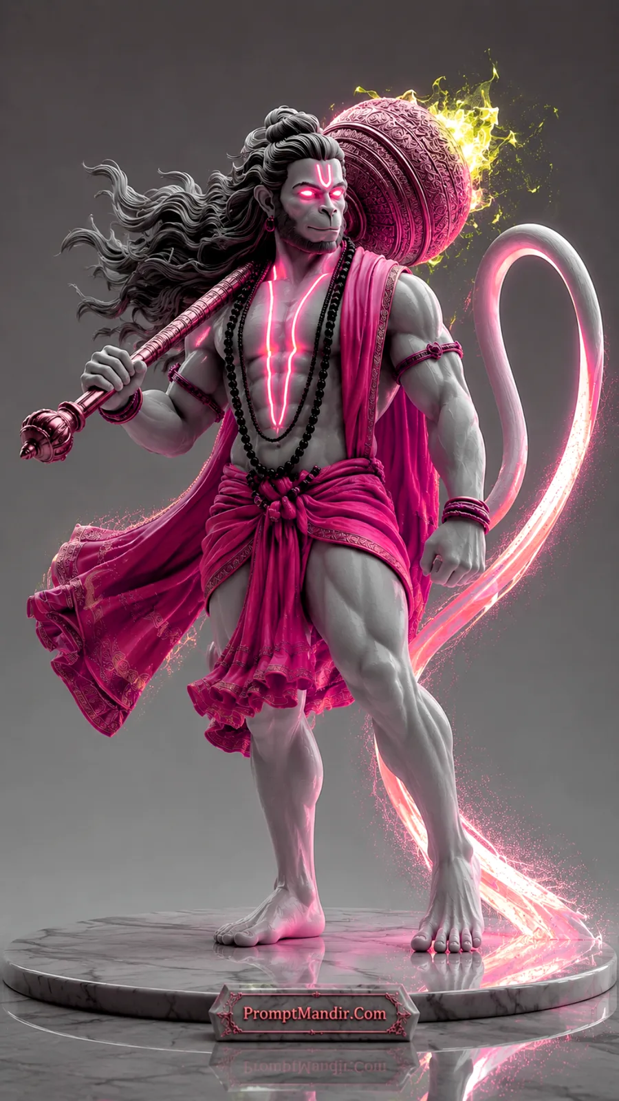 Lord Hanuman carrying ornate gada on shoulder with glowing pink spiritual energy around tail