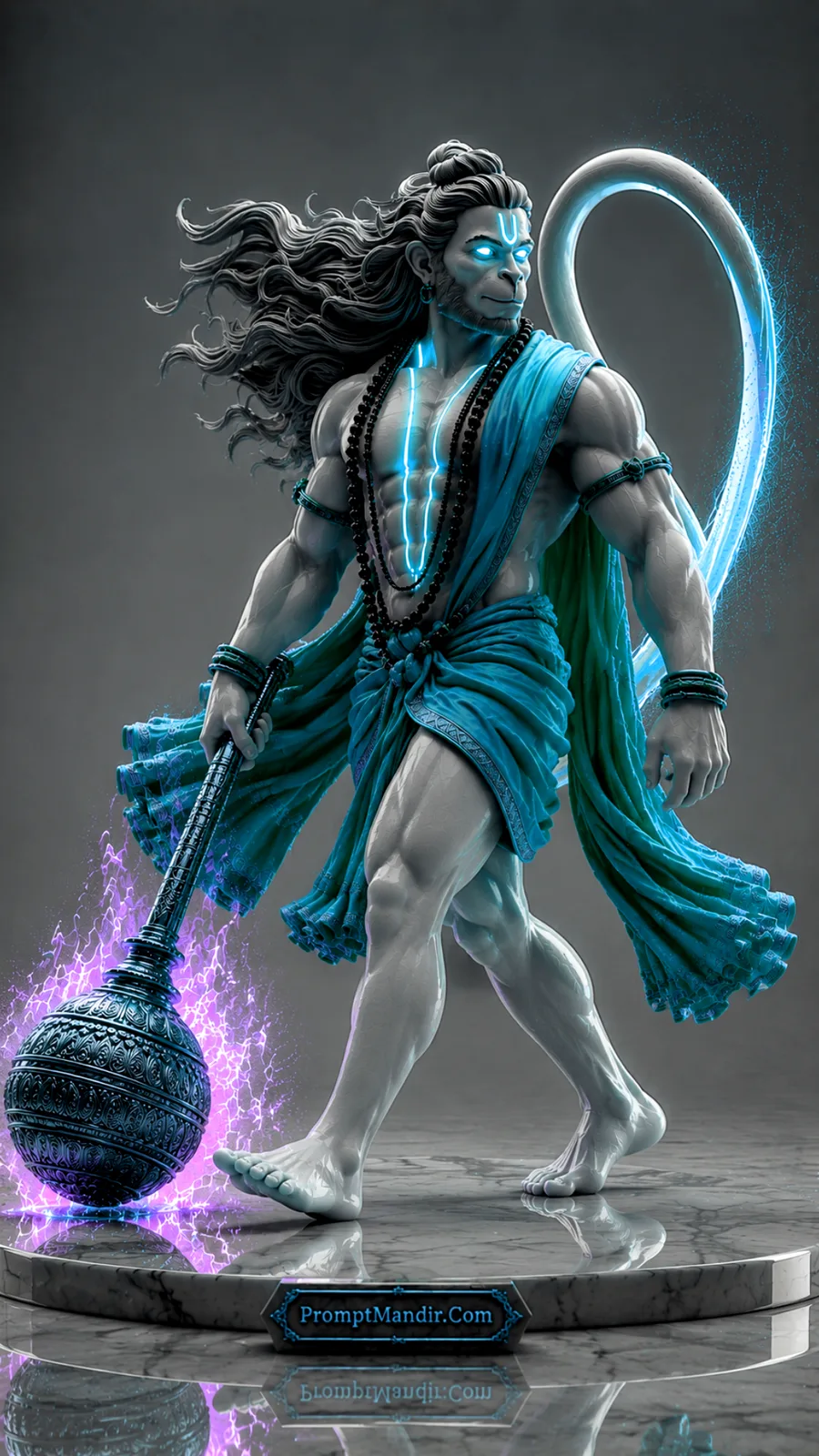 Lord Hanuman walking with glowing blue aura dragging ornate gada across marble platform