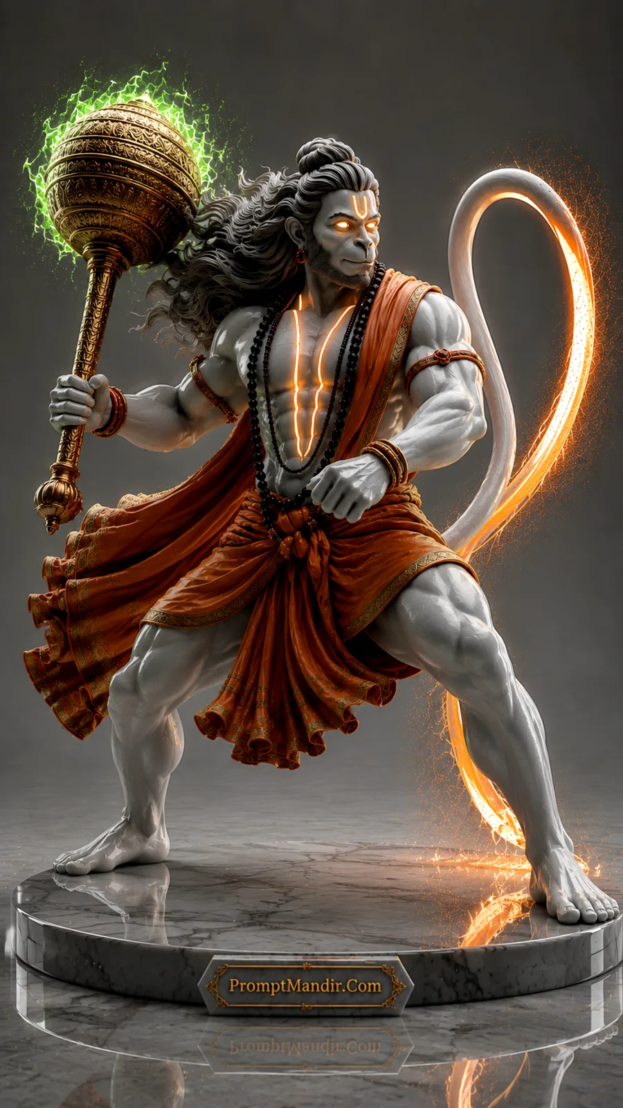 Lord Hanuman in powerful stance holding golden gada with radiant orange divine energy