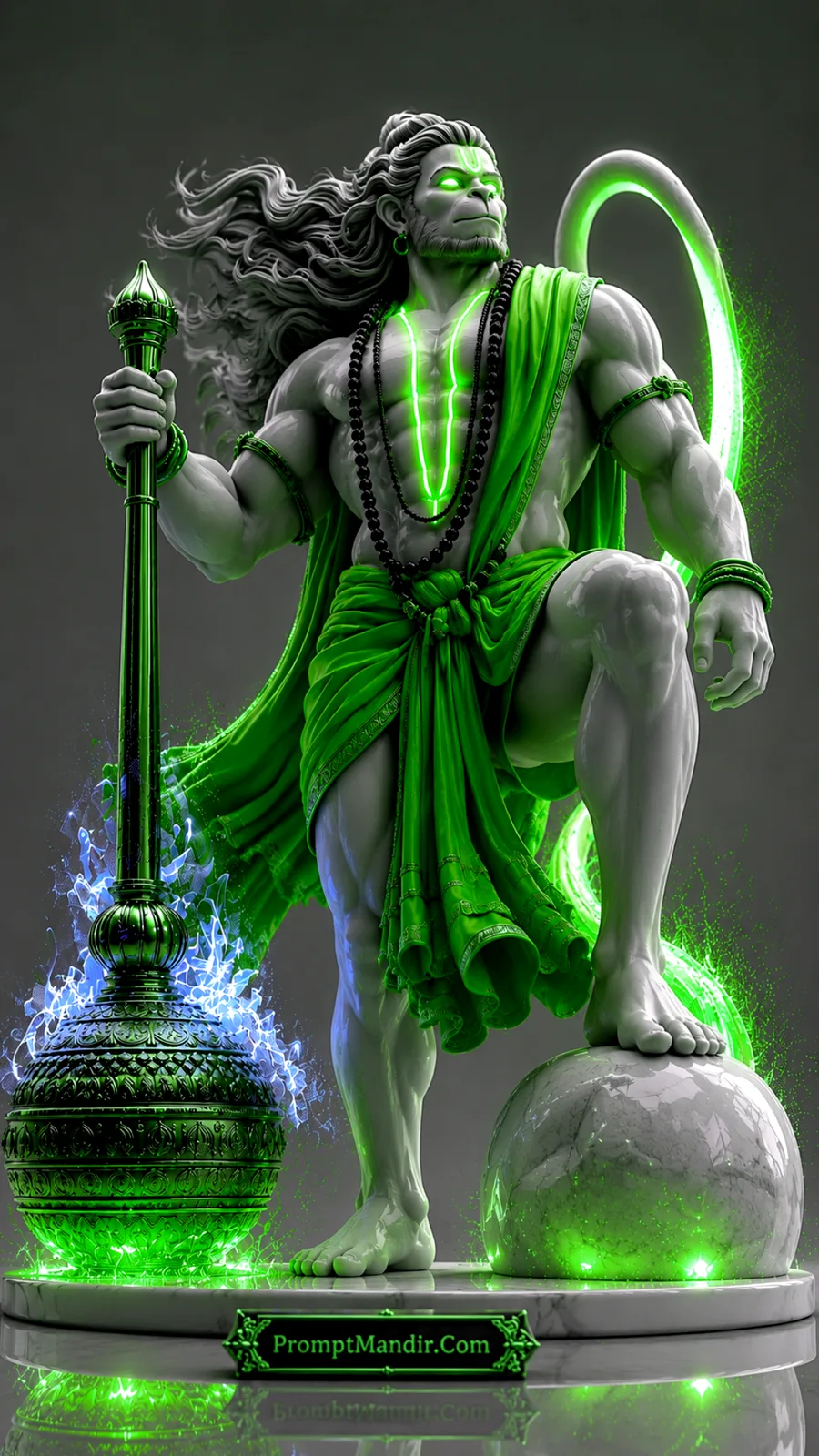 Lord Hanuman resting beside glowing green gada with vibrant emerald divine aura