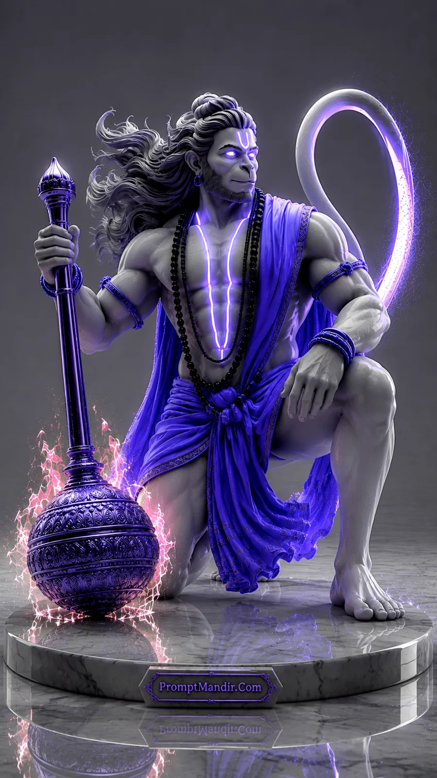 Lord Hanuman kneeling beside ornate gada with glowing violet aura and flowing robes