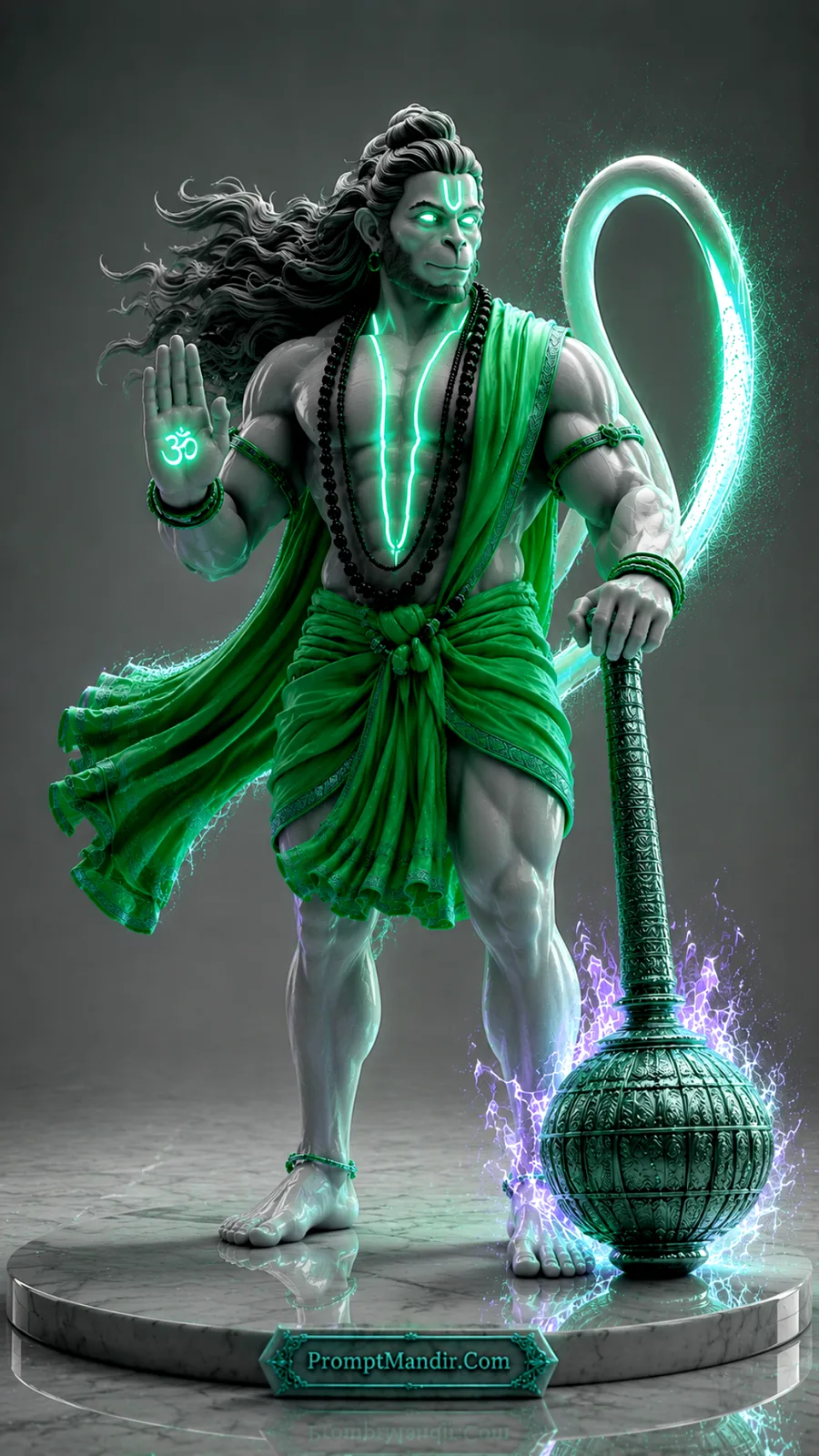 Lord Hanuman blessing devotees while holding ornate gada with glowing green divine aura