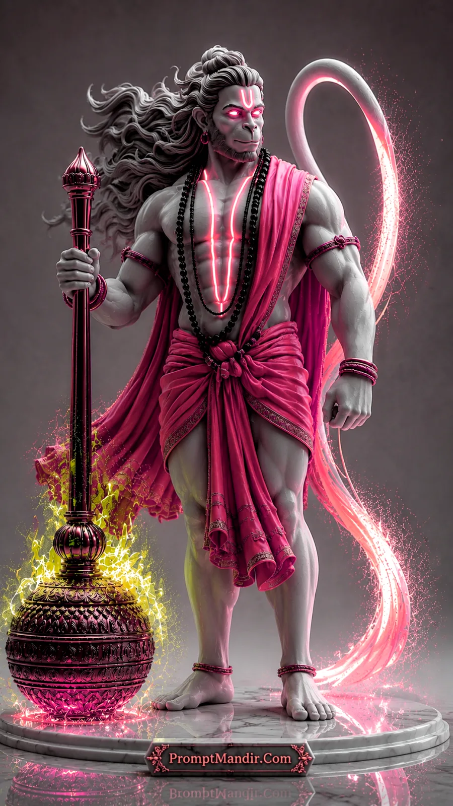Lord Hanuman standing with glowing pink gada, flowing robes, and radiant devotional energy