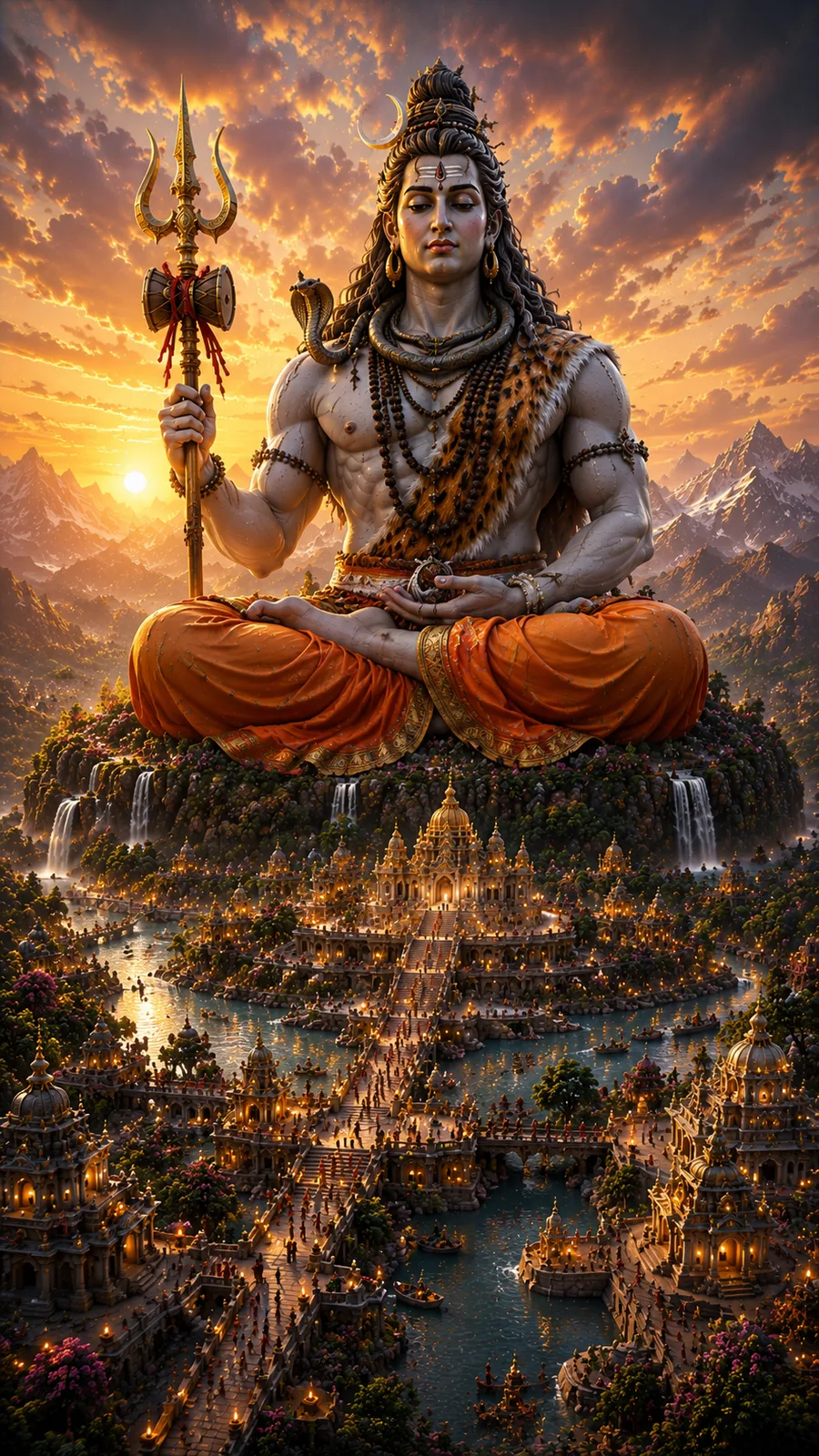 Lord Shiva meditating with Trishul above a magnificent golden temple city at sunset
