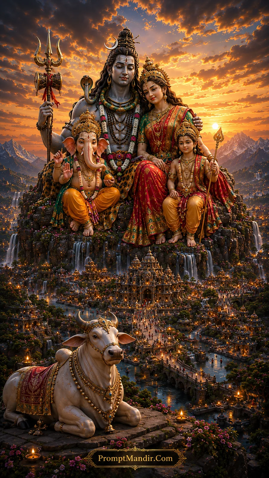 Shiv Parivar with Parvati, Ganesha, Kartikeya and Nandi above a sacred temple city