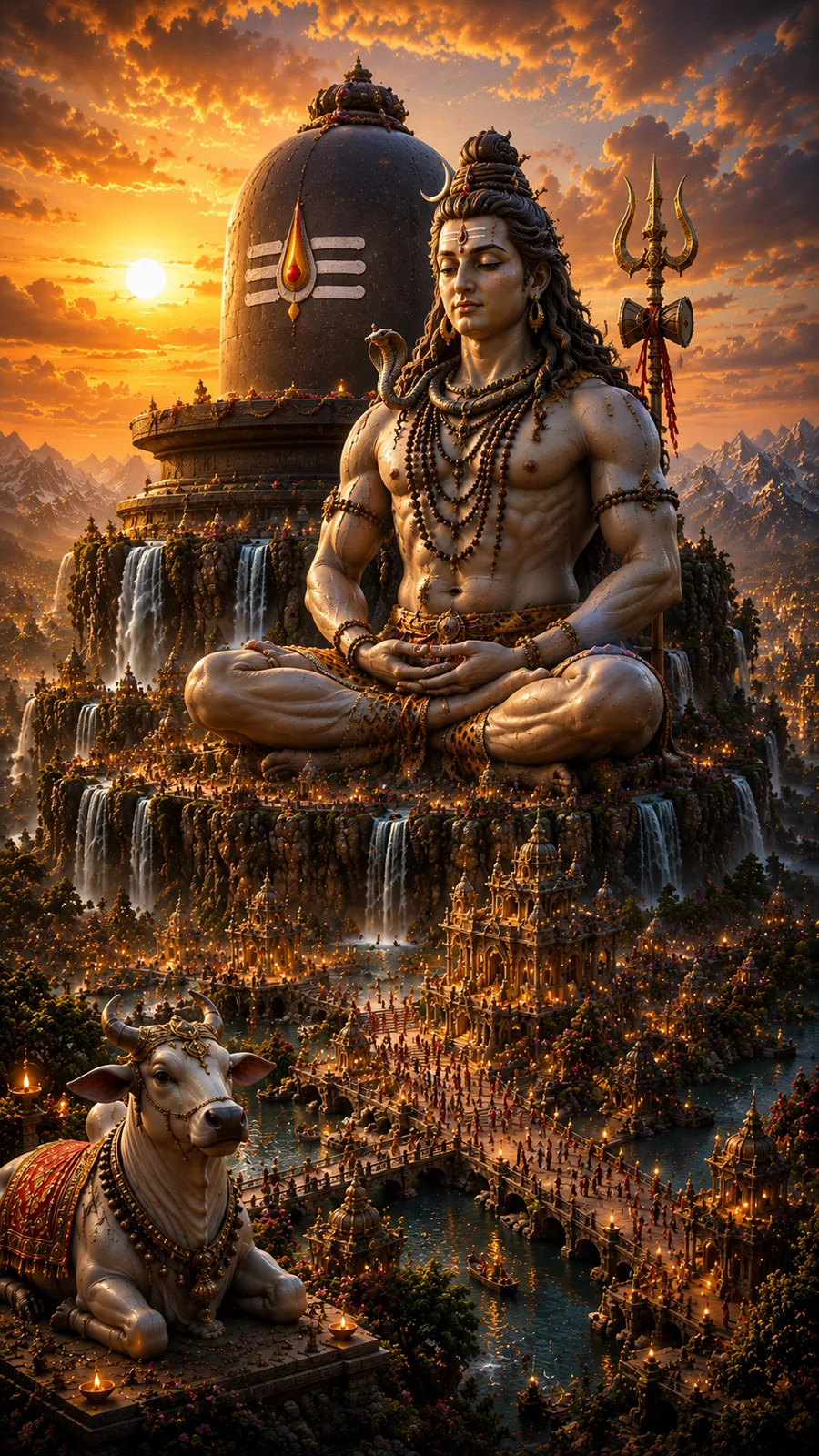 Meditating Lord Shiva beside sacred Shivling with waterfalls and golden temple landscape