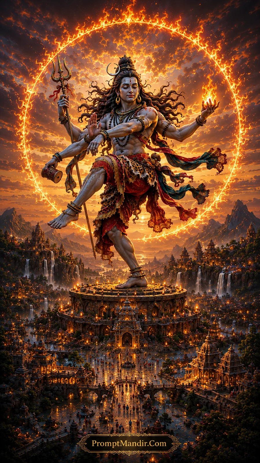 Lord Shiva performing Tandava with fiery halo above an ancient temple kingdom