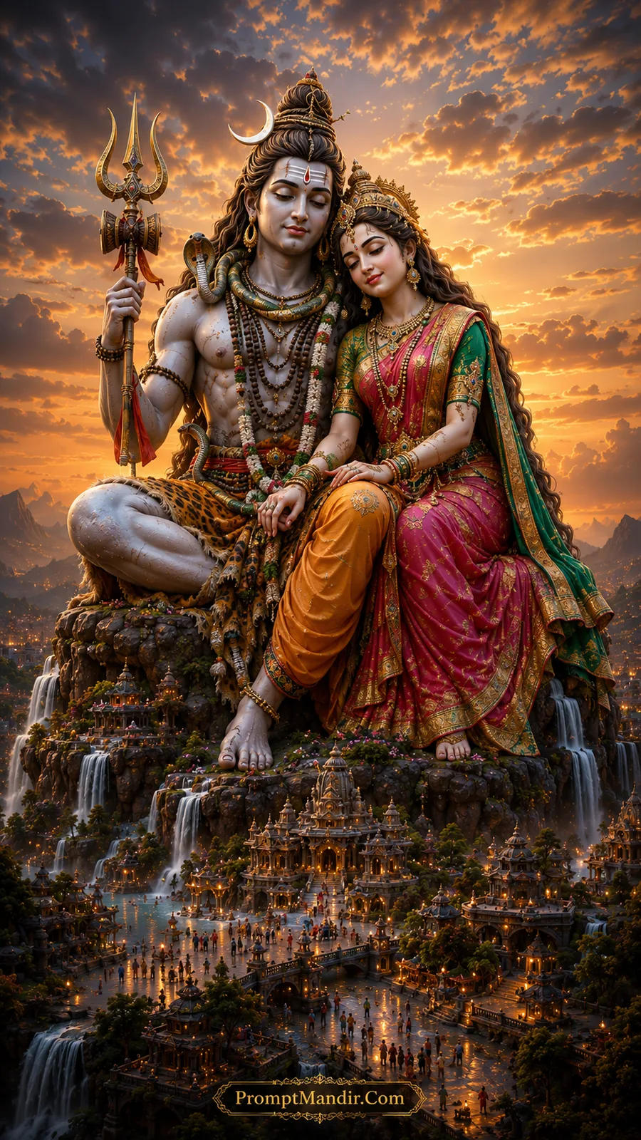 Lord Shiva and Goddess Parvati seated together above waterfalls and sacred temple city