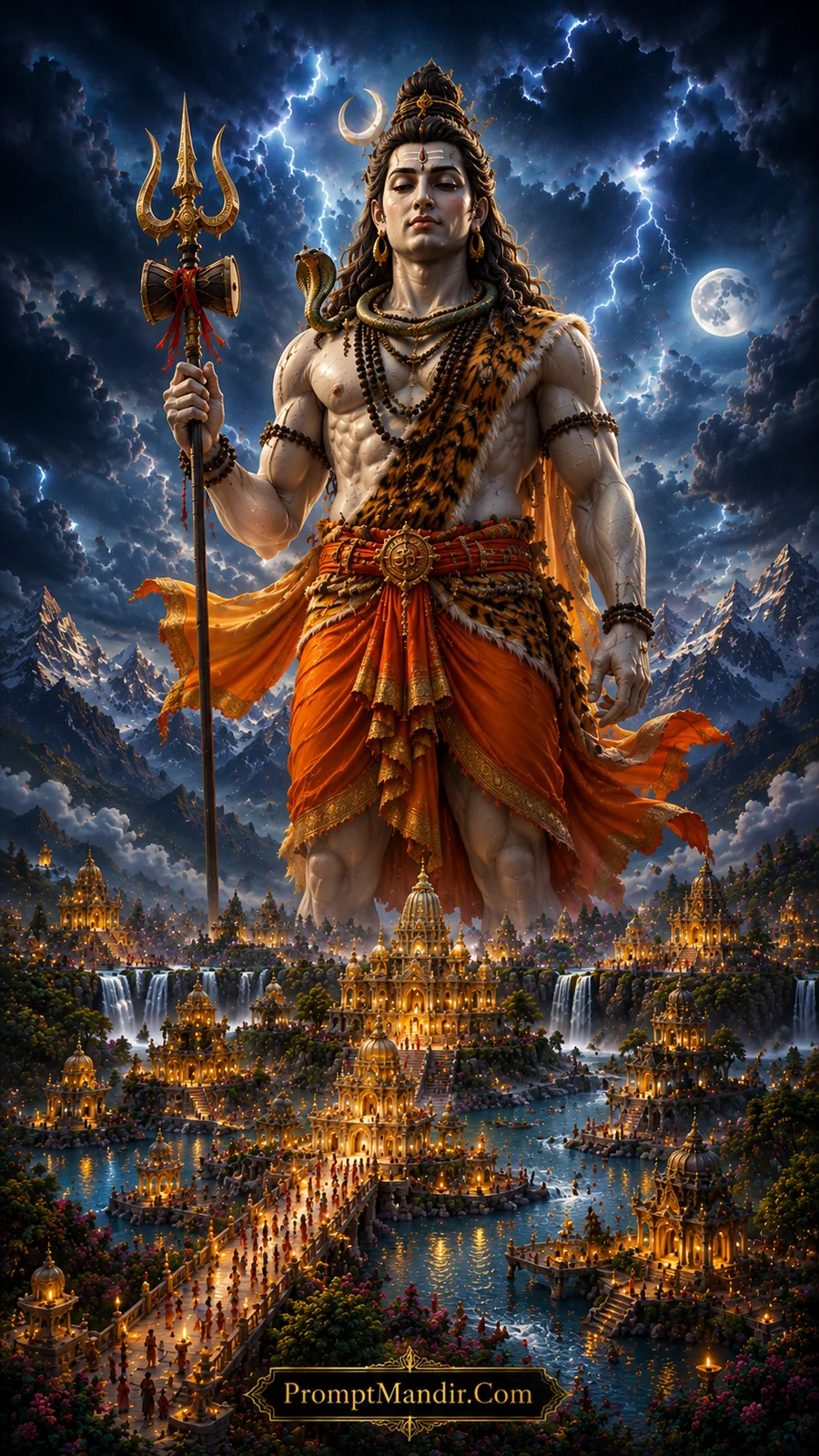 Standing Lord Shiva with Trishul beneath moonlit storm sky above golden temple landscape