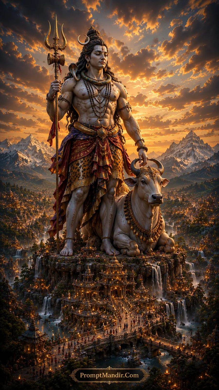 Standing Lord Shiva beside sacred Nandi with mountains and illuminated temple city