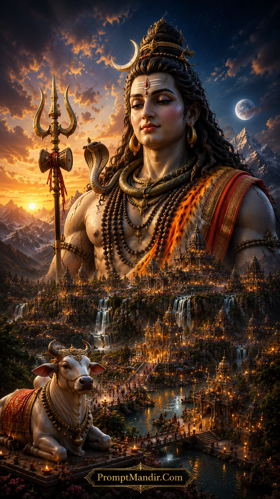 Close portrait of Lord Shiva with Trishul, Nandi and sacred temple kingdom at sunset