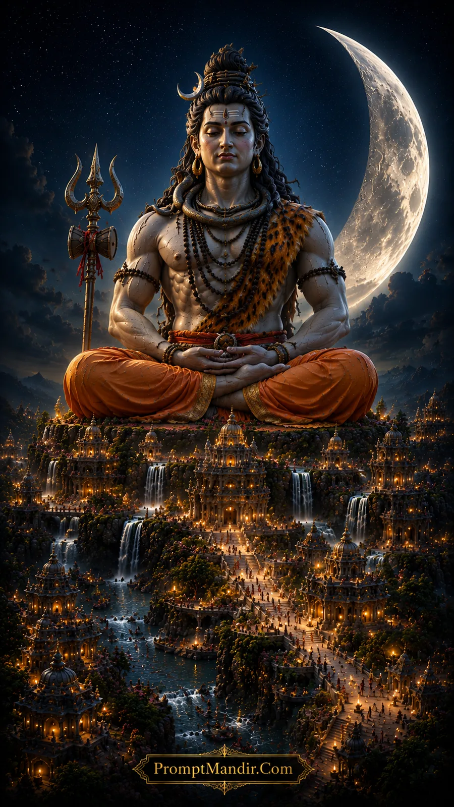 Meditating Lord Shiva beneath a giant crescent moon above glowing temple city at night