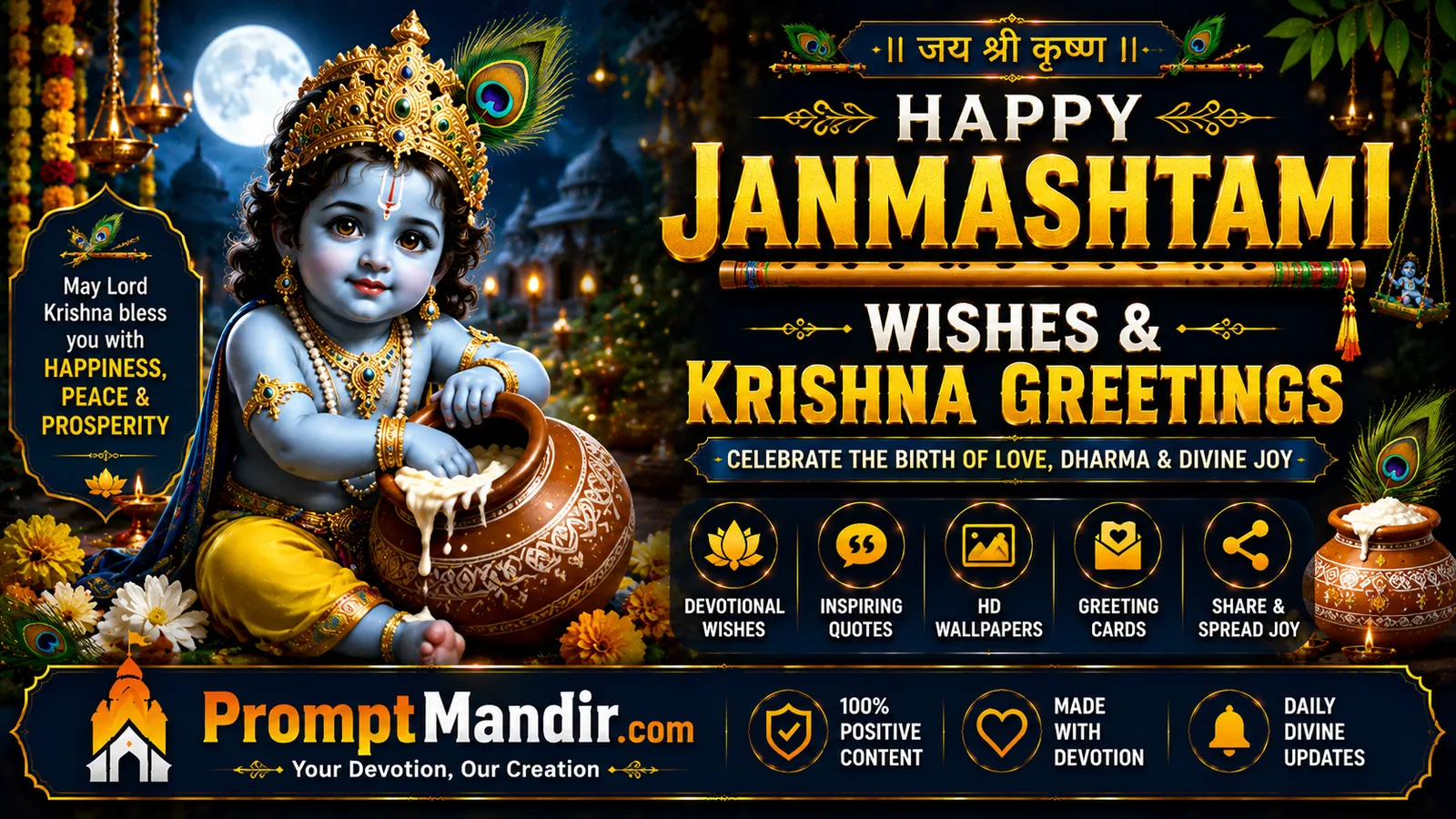 Janmashtami Wishes Bal Krishna with butter pot under moonlit devotional Janmashtami setting