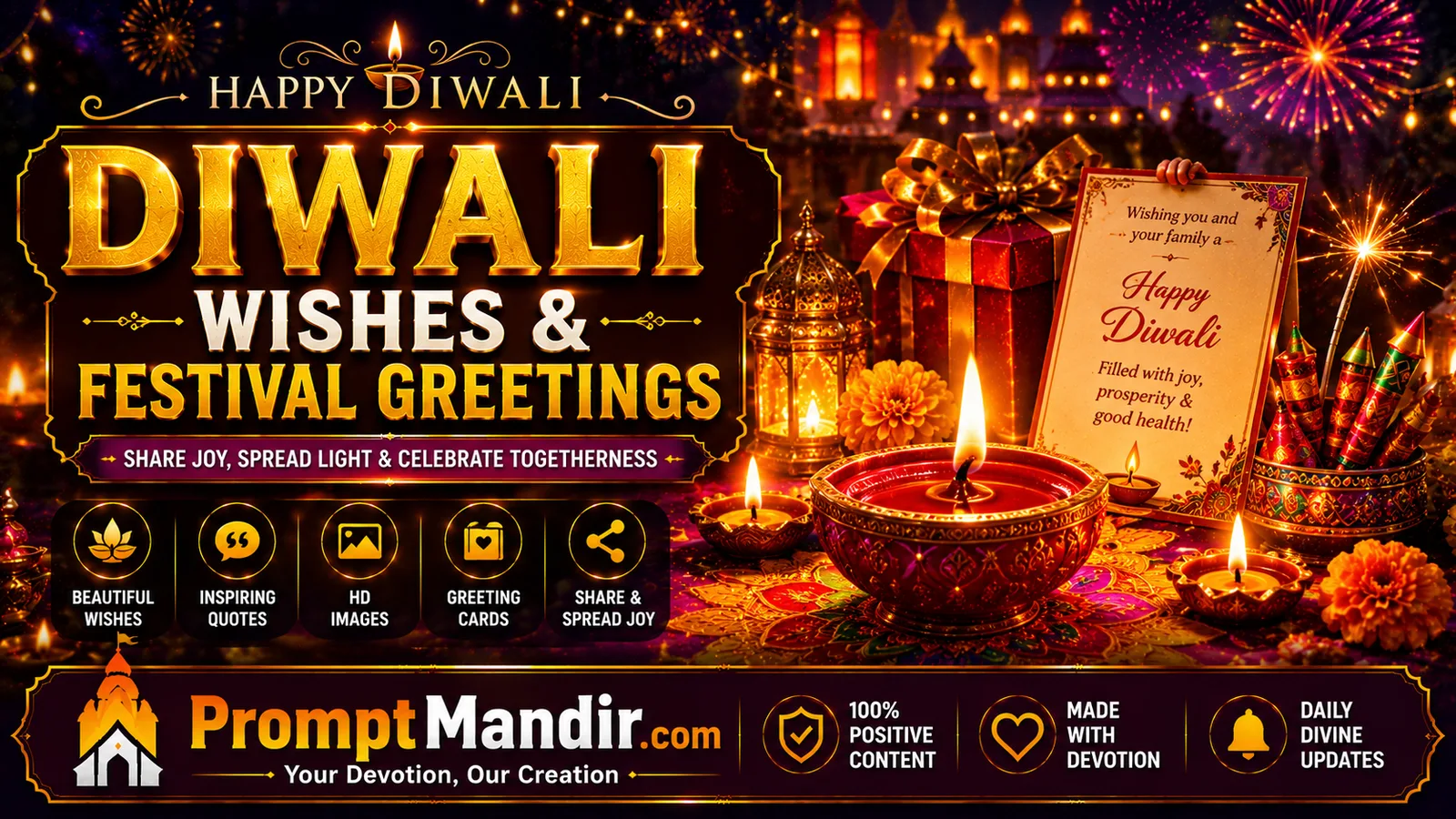 Diwali Wishes Glowing diyas, festive lanterns, gifts and fireworks during Diwali celebration