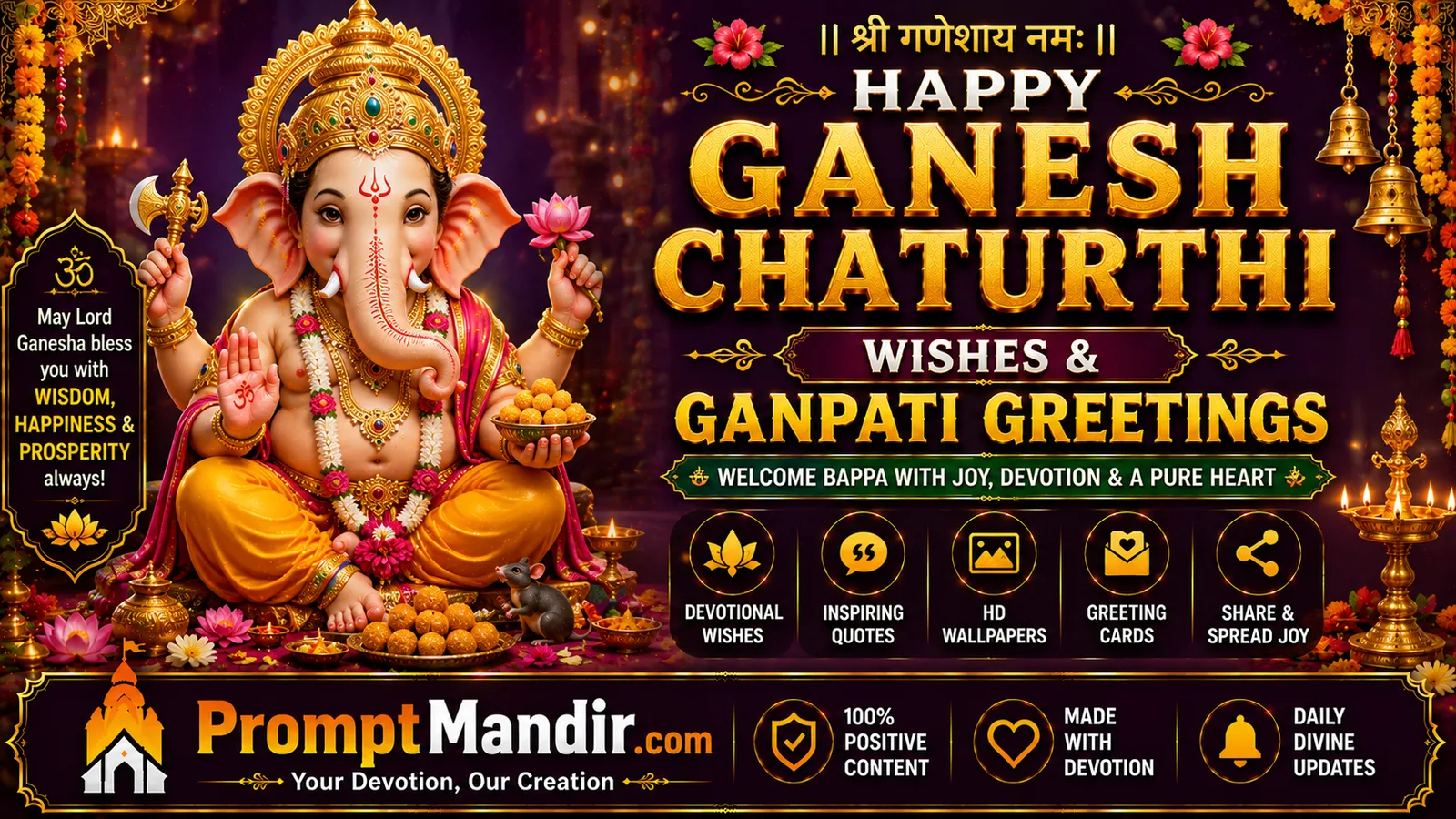 Ganesh Chaturthi Wishes Lord Ganesha seated with modaks, lotus flowers and glowing lamps