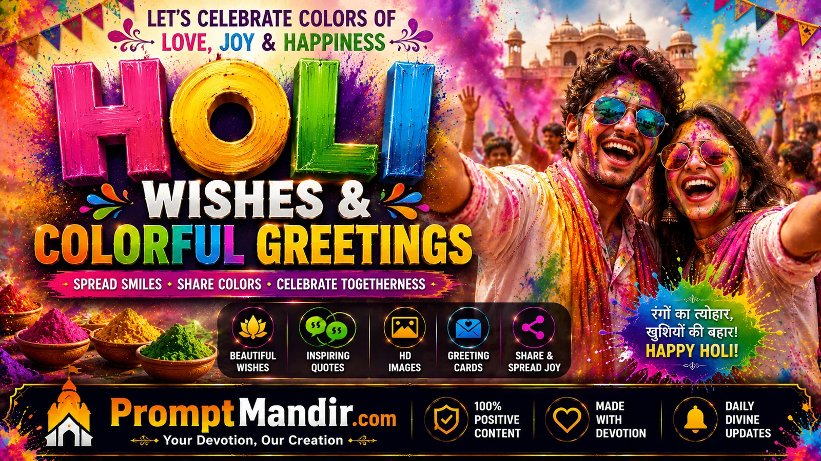Holi Wishes Smiling friends covered in colors enjoying vibrant Holi festival celebration