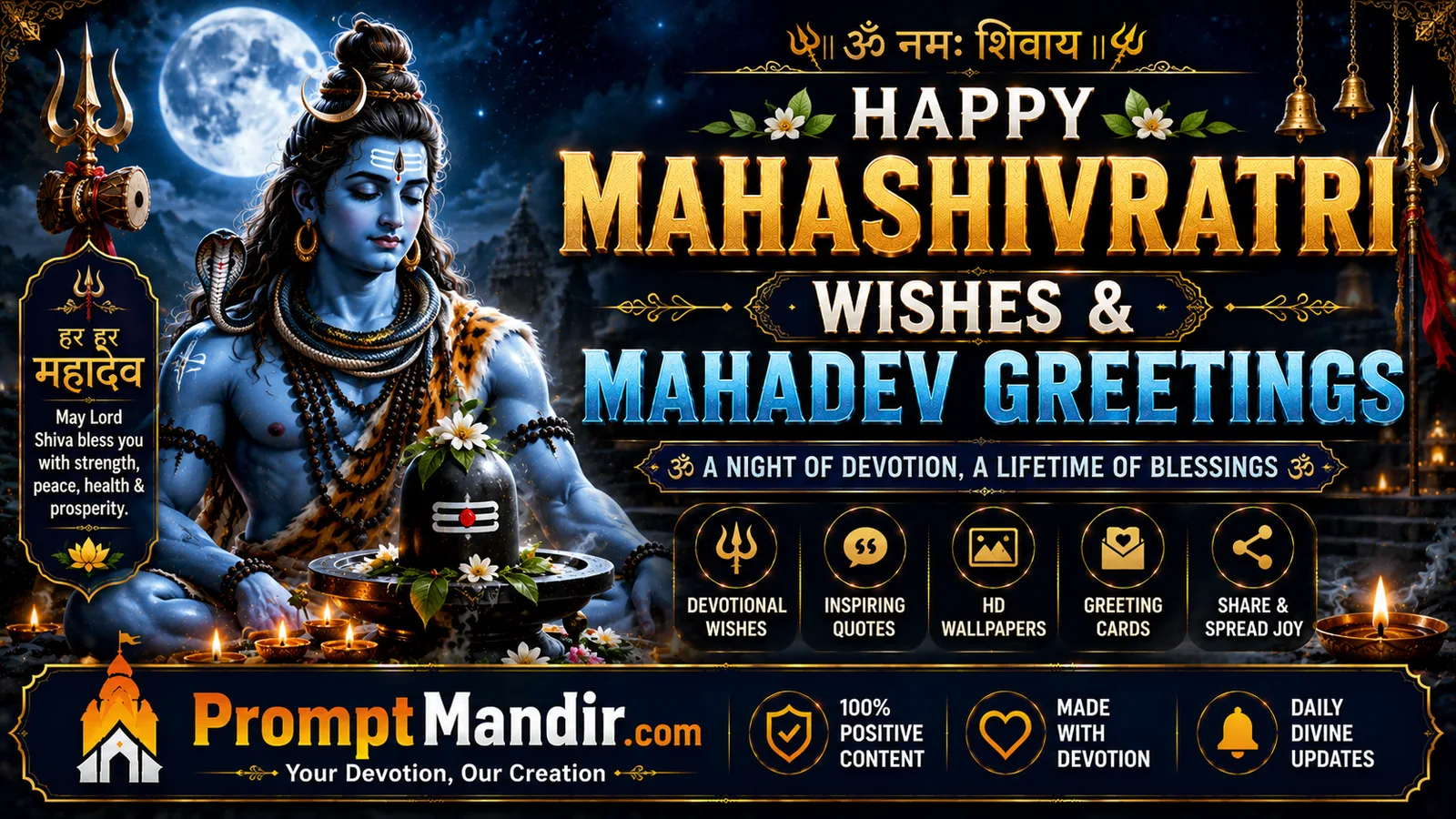 Mahashivratri Wishes Lord Shiva meditating beside sacred Shivling beneath moonlit night sky