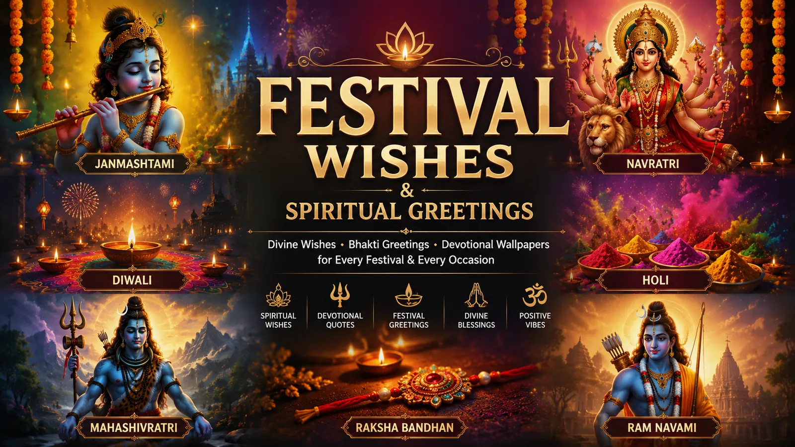 Festival wishes collage featuring Krishna, Durga, Shiva, Rama, Holi and Diwali celebrations