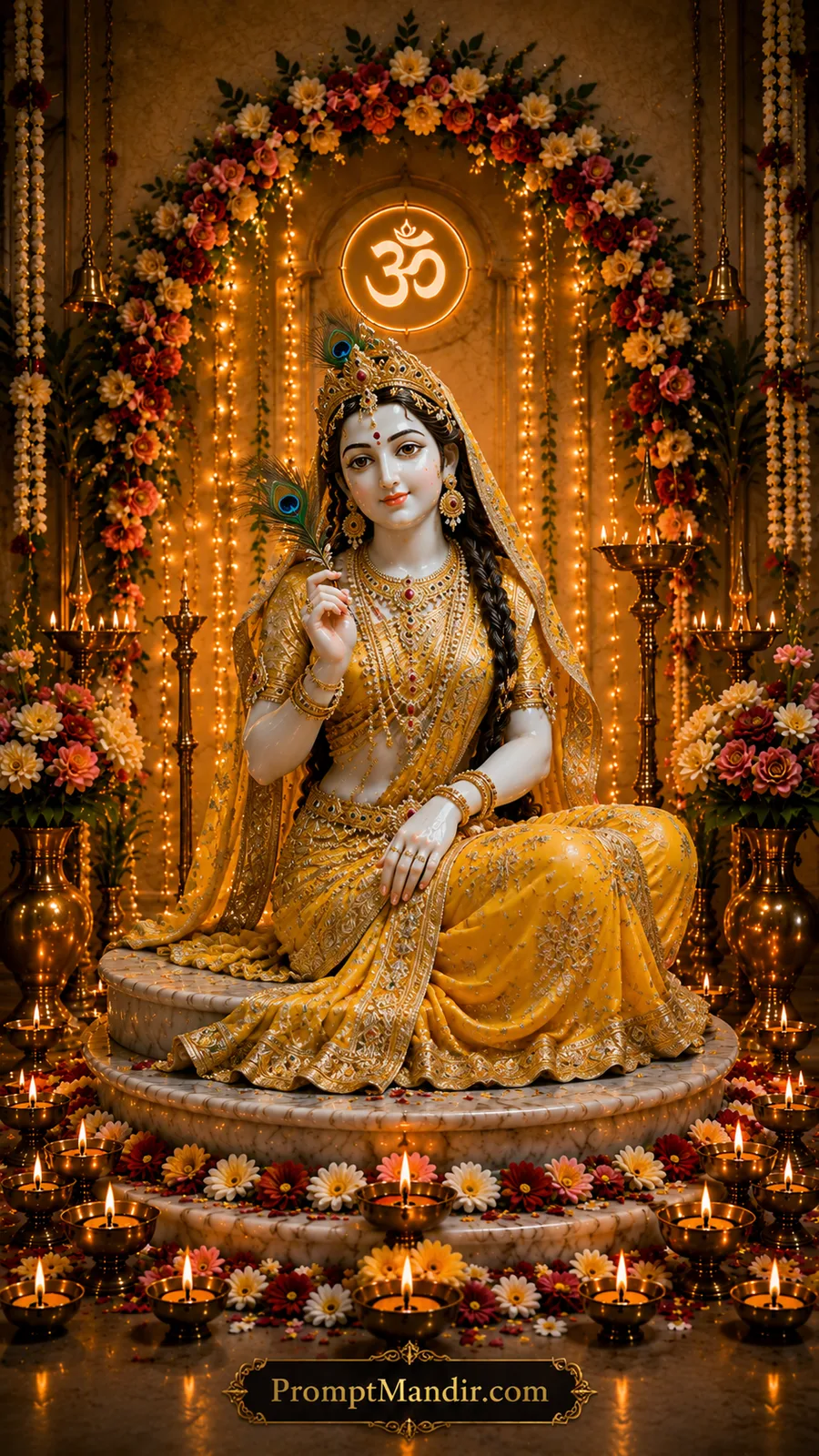 Divine Goddess Radha seated gracefully with peacock feather amid glowing diyas and floral temple decor