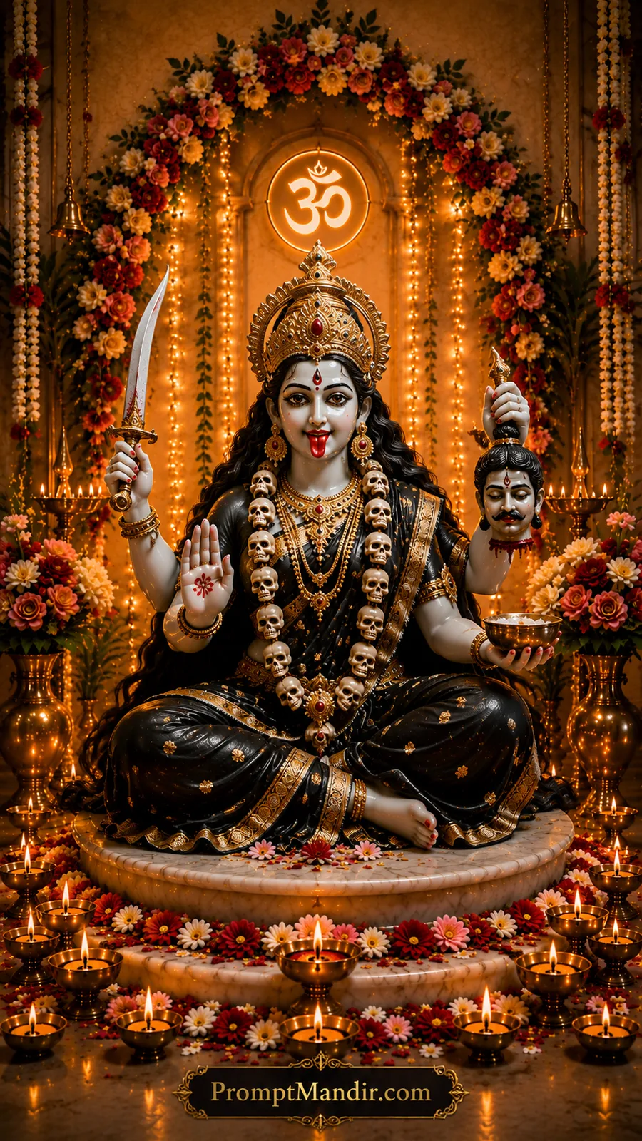 Powerful Maa Kali seated with sword and sacred ornaments inside glowing temple shrine