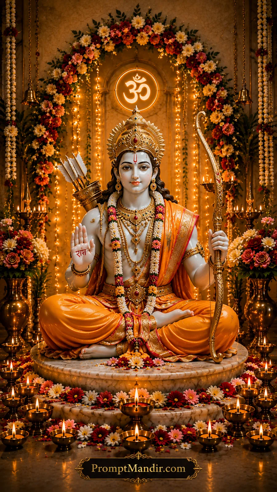 Lord Rama seated with divine bow inside illuminated temple decorated with flowers and diyas