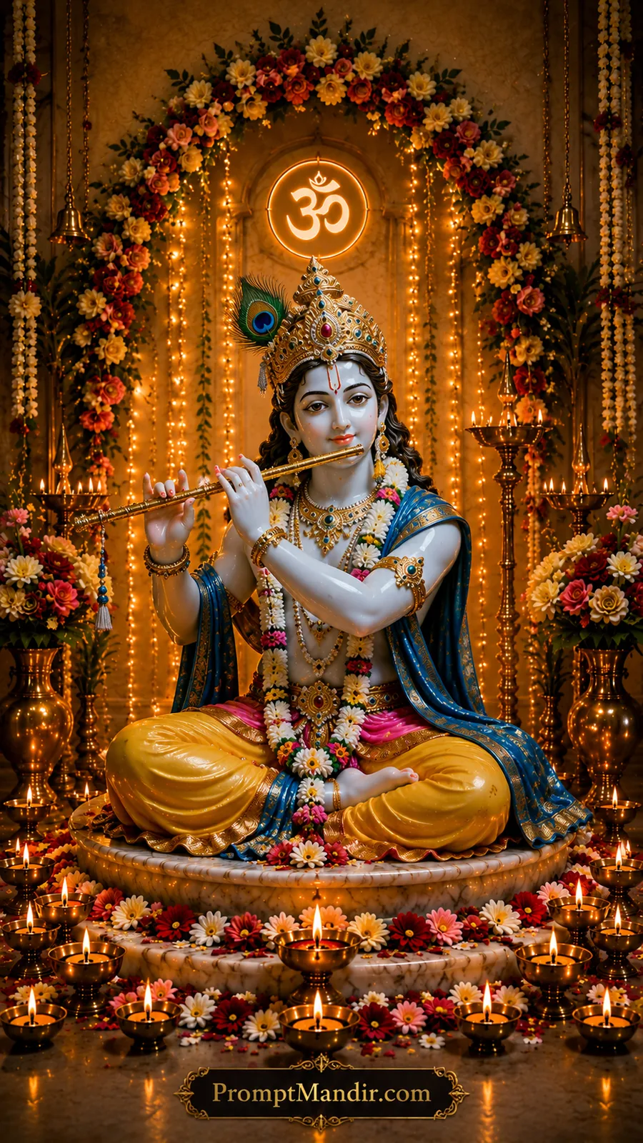 Lord Krishna playing flute beneath glowing Om symbol with floral temple decorations and diyas