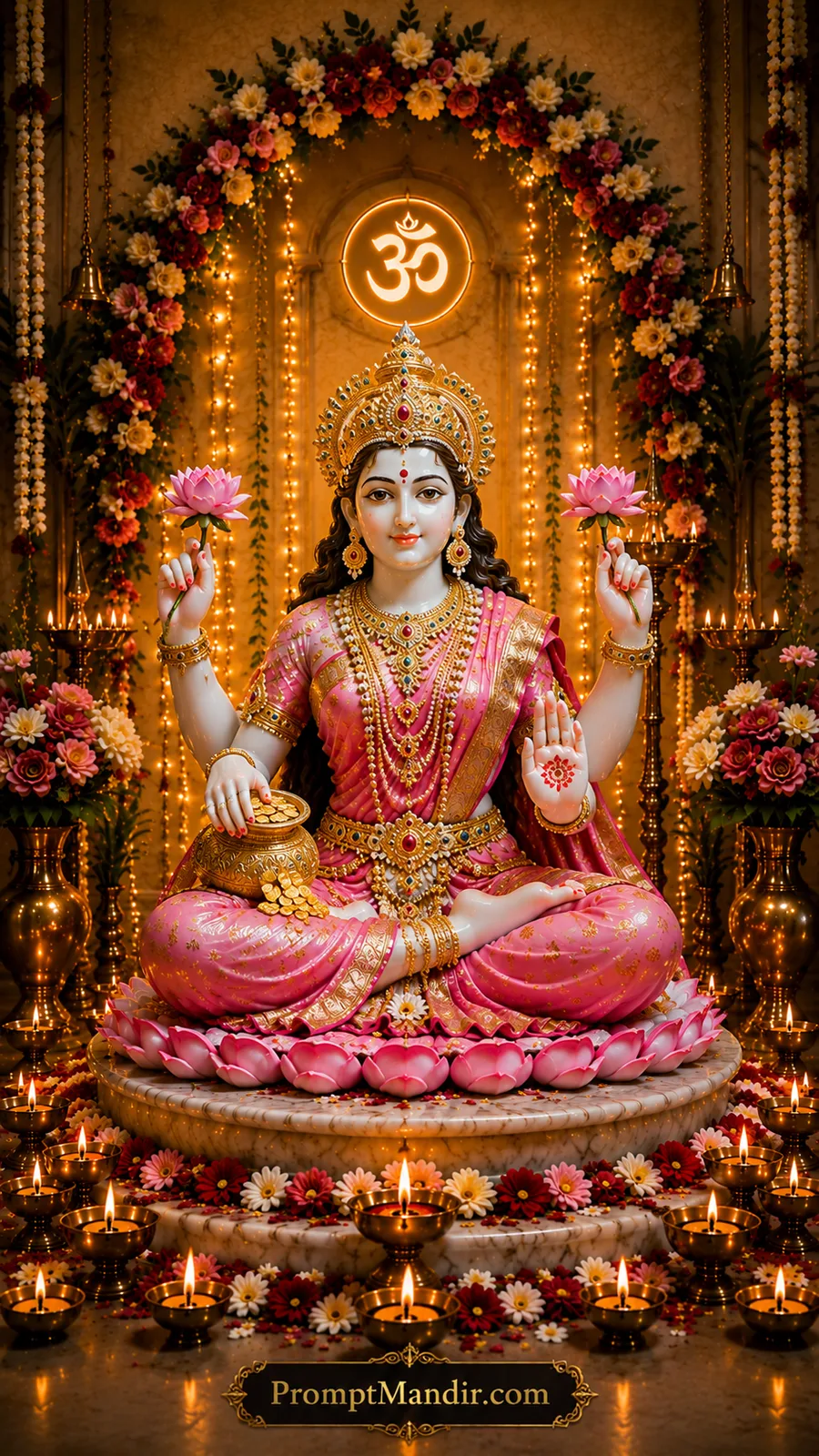 Goddess Lakshmi seated on blooming lotus with golden coins and glowing temple lamps