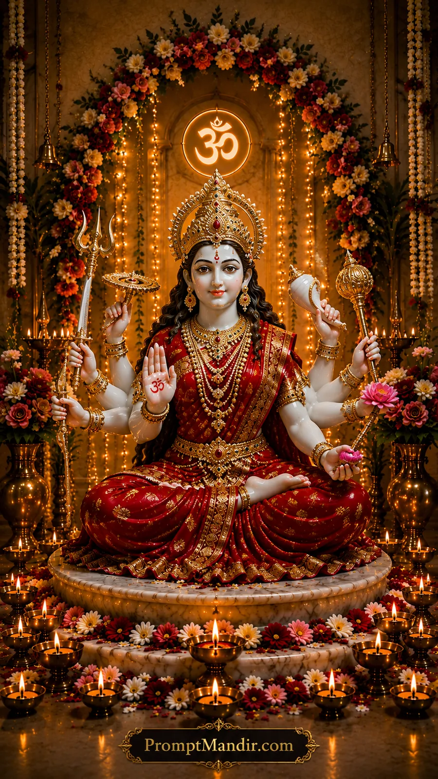 Sacred Goddess Durga seated with divine weapons inside beautifully decorated illuminated temple shrine