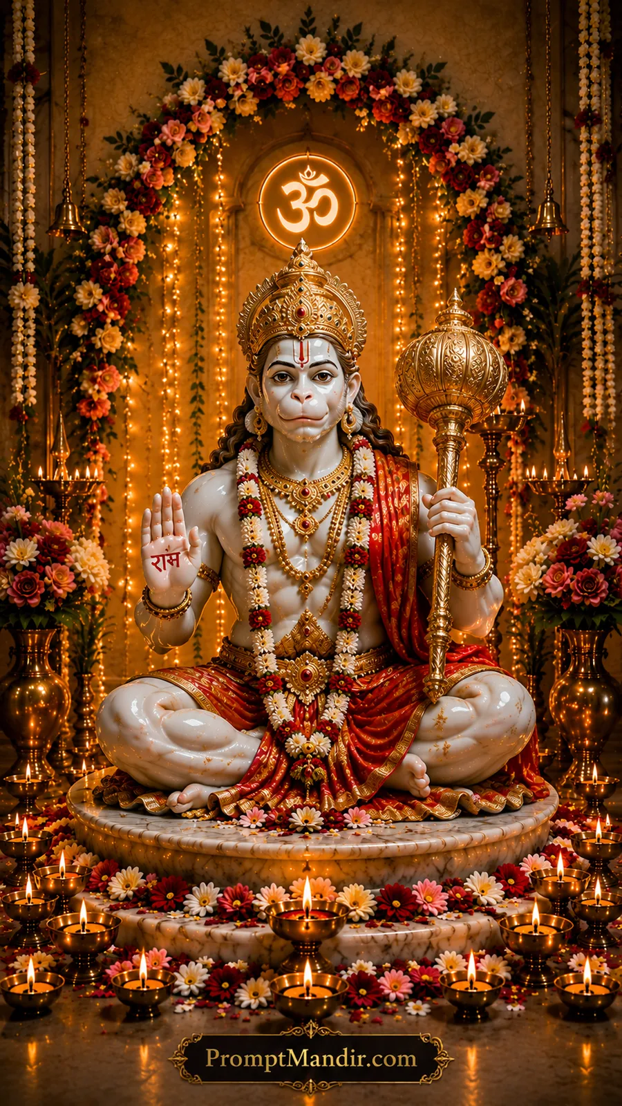 Lord Hanuman seated with golden mace inside radiant temple decorated with flowers and diyas