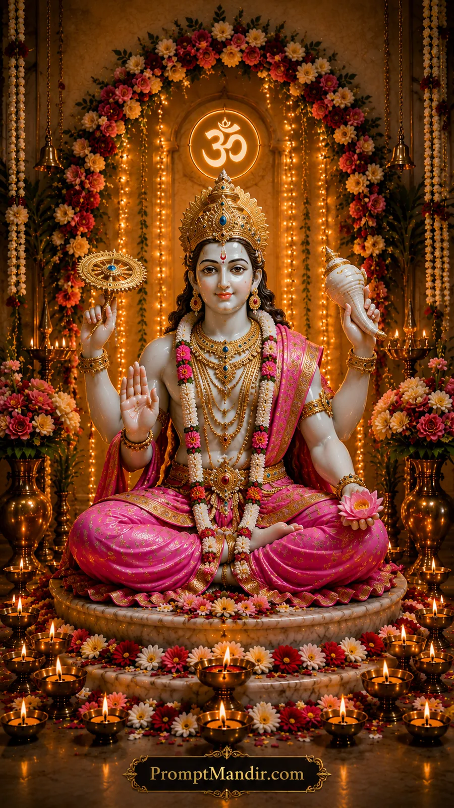 Lord Vishnu seated peacefully holding chakra and conch within illuminated floral temple shrine