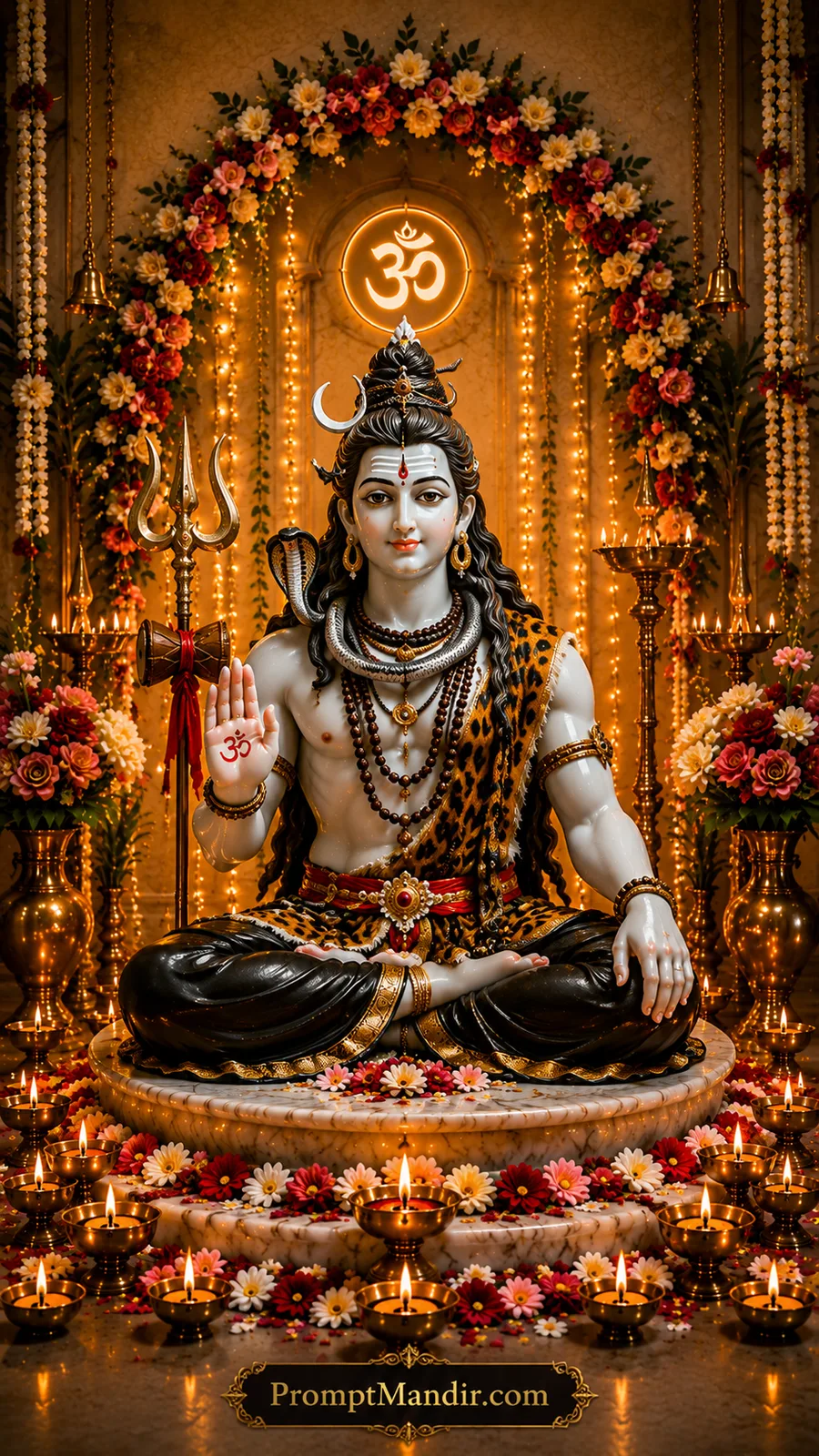 Meditative Lord Shiva seated with trishul and serpent inside glowing temple decorated with diyas