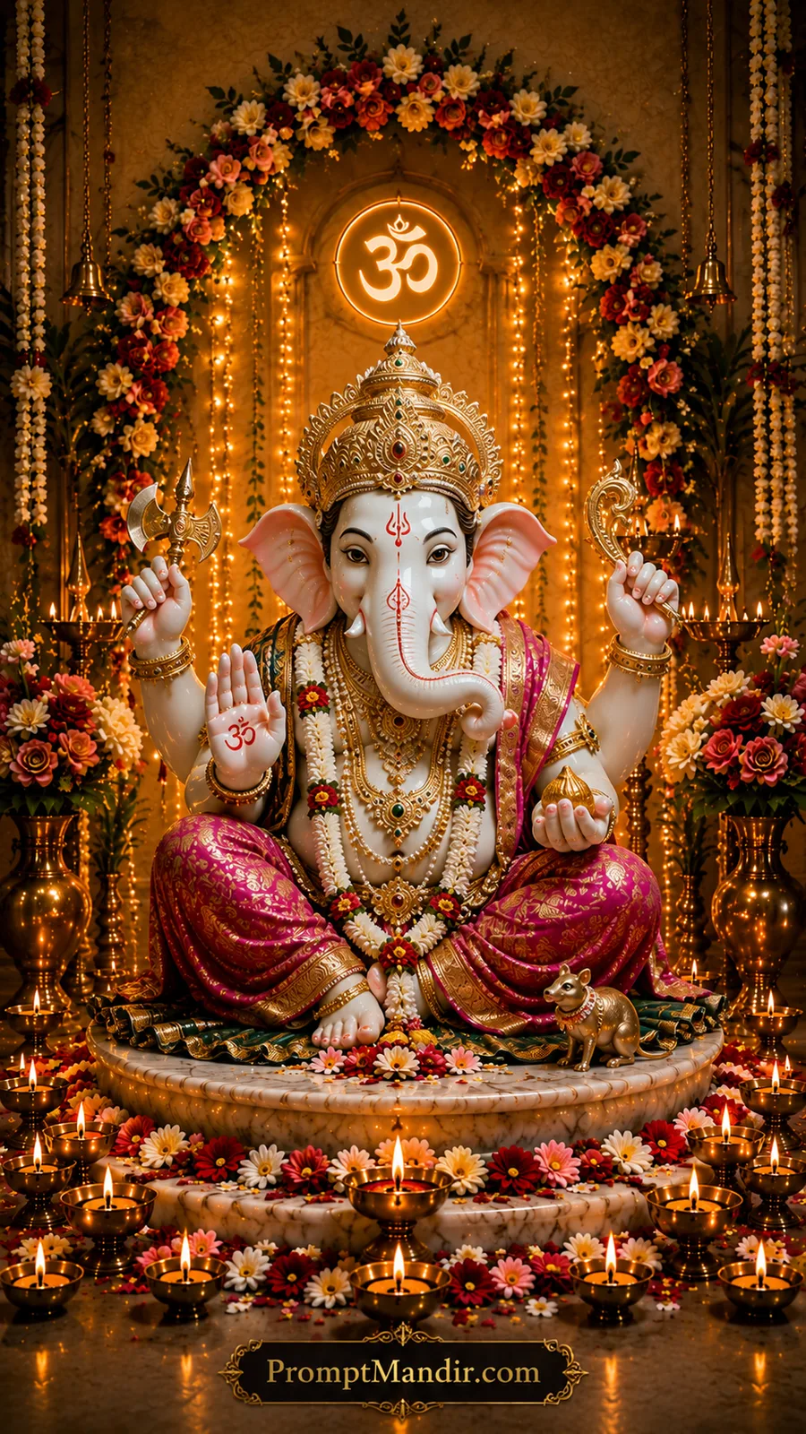 Lord Ganesha seated with blessing gesture amid floral temple decorations and glowing sacred diyas