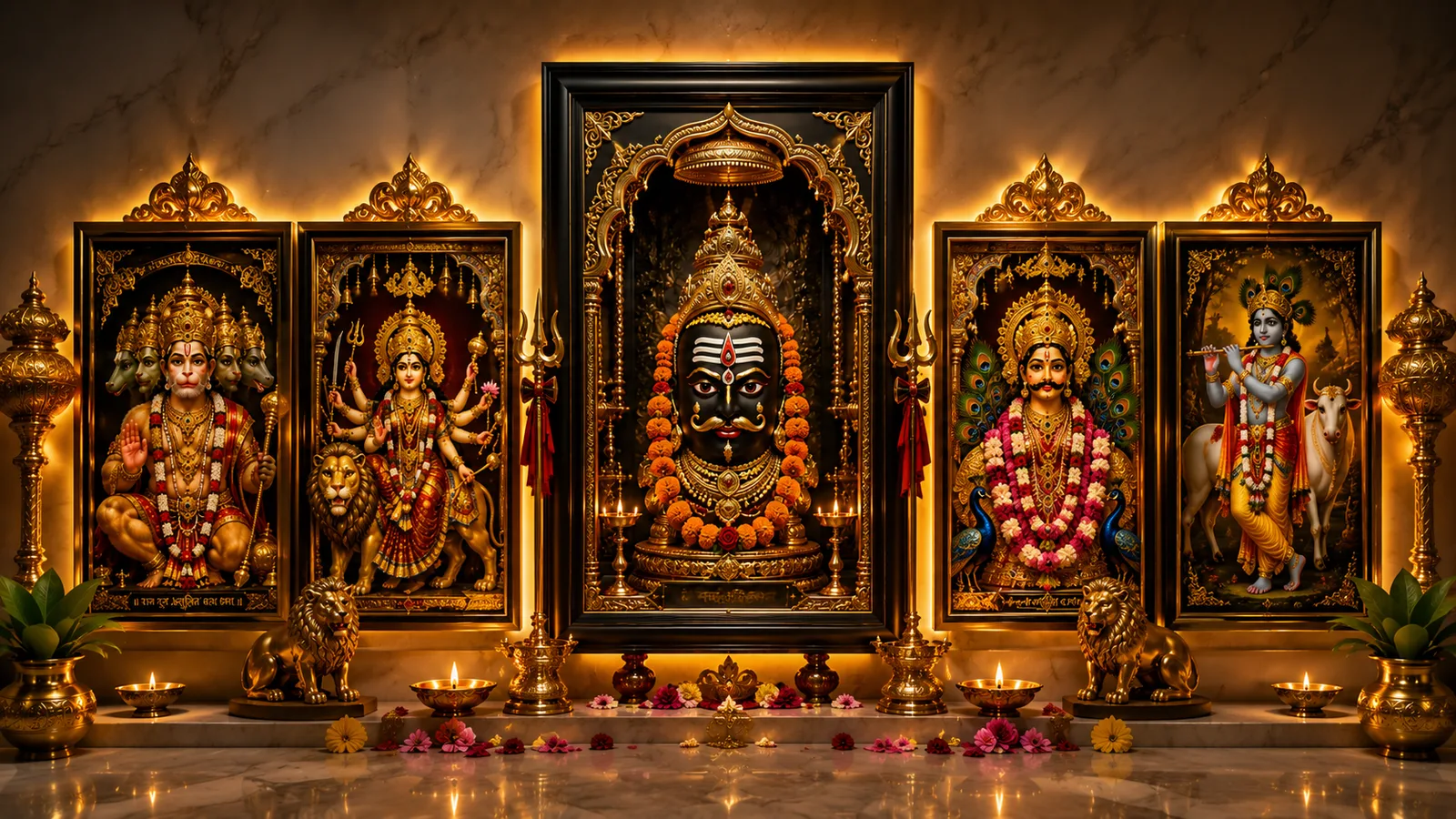 Golden Frame Daity Ornate devotional wall featuring Hanuman, Durga, Krishna and sacred deity portraits