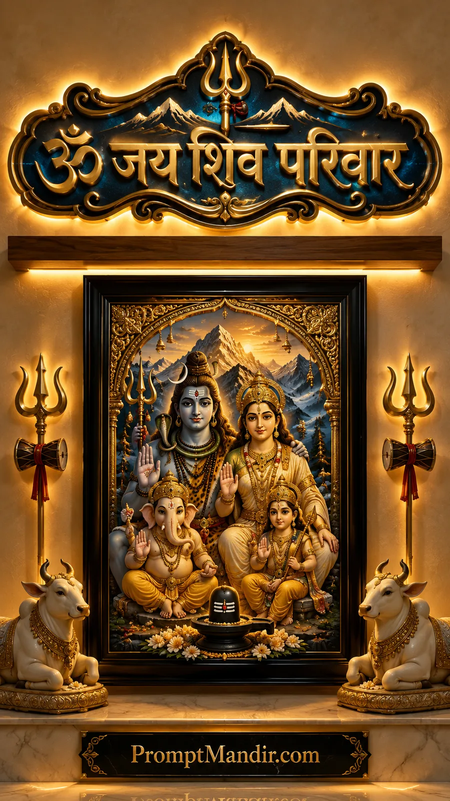 Divine Shiv Parivar portrait with Ganesha Kartikeya and sacred mountain backdrop