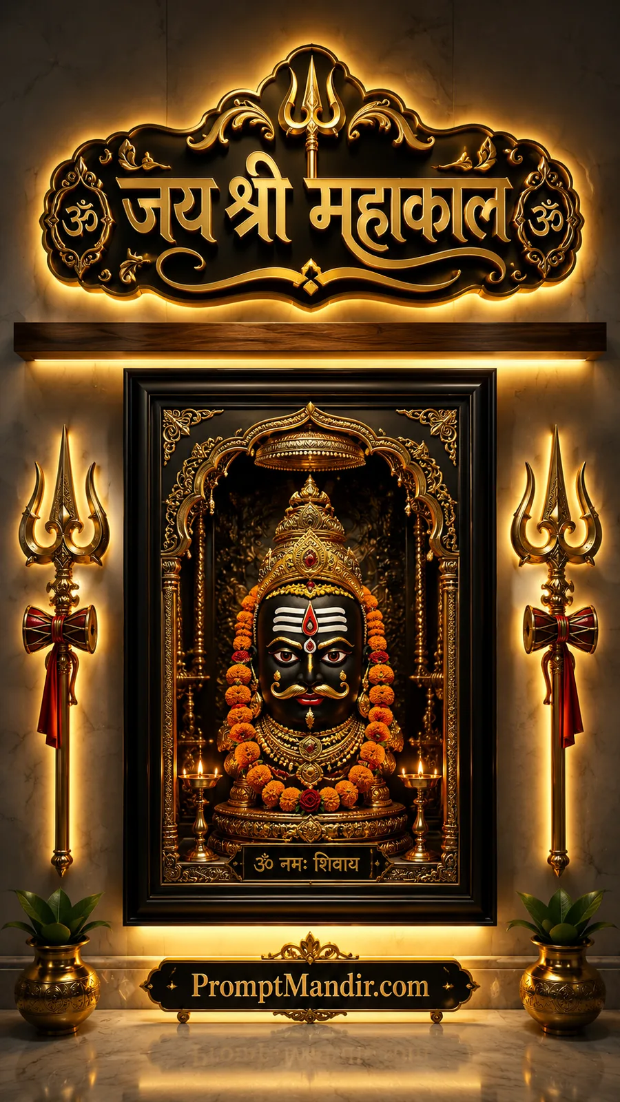 Ornate Mahakal shrine artwork with garlands lamps and glowing tridents