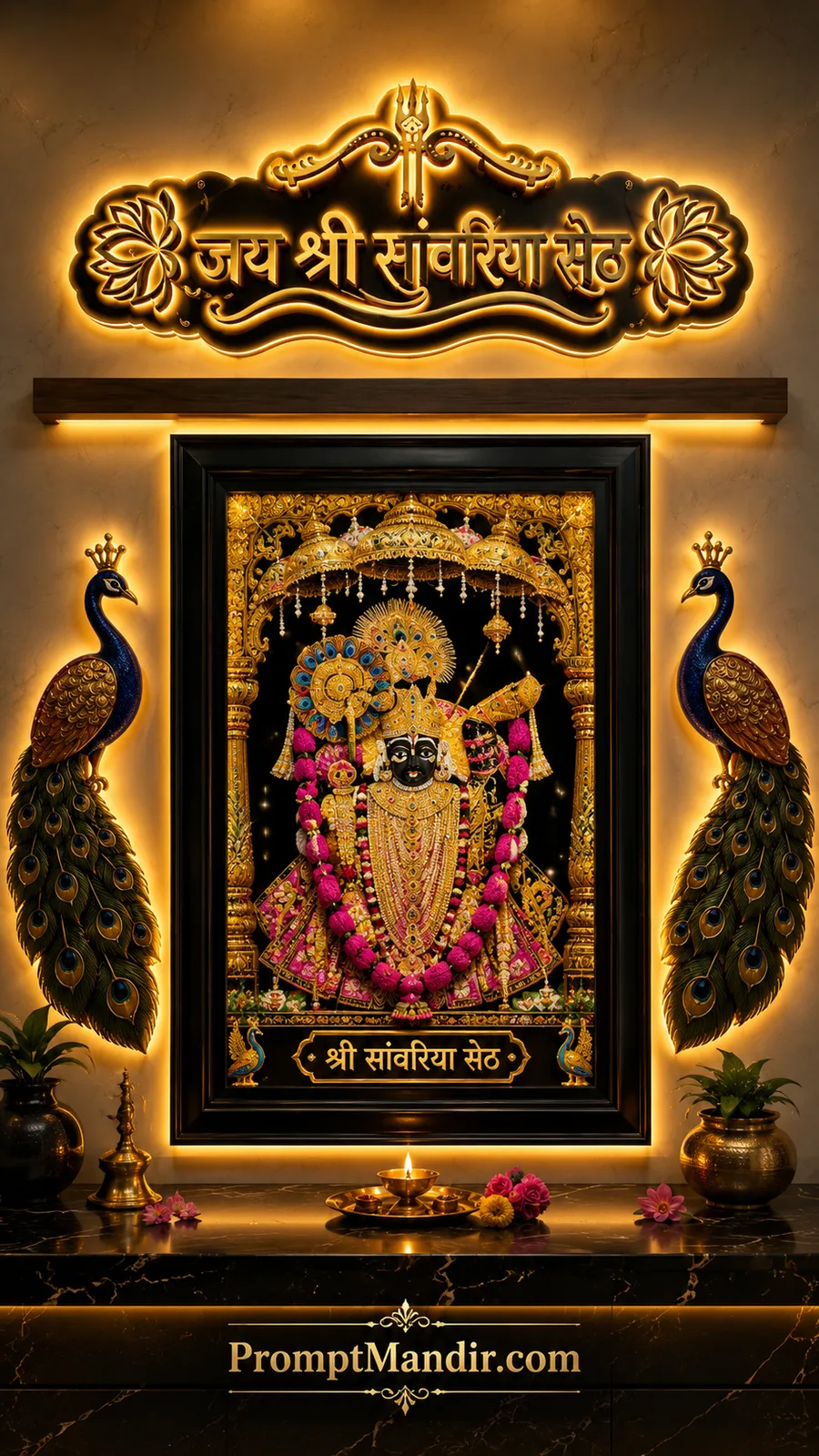 Shri Sanwariya Seth idol adorned with garlands beneath golden canopy